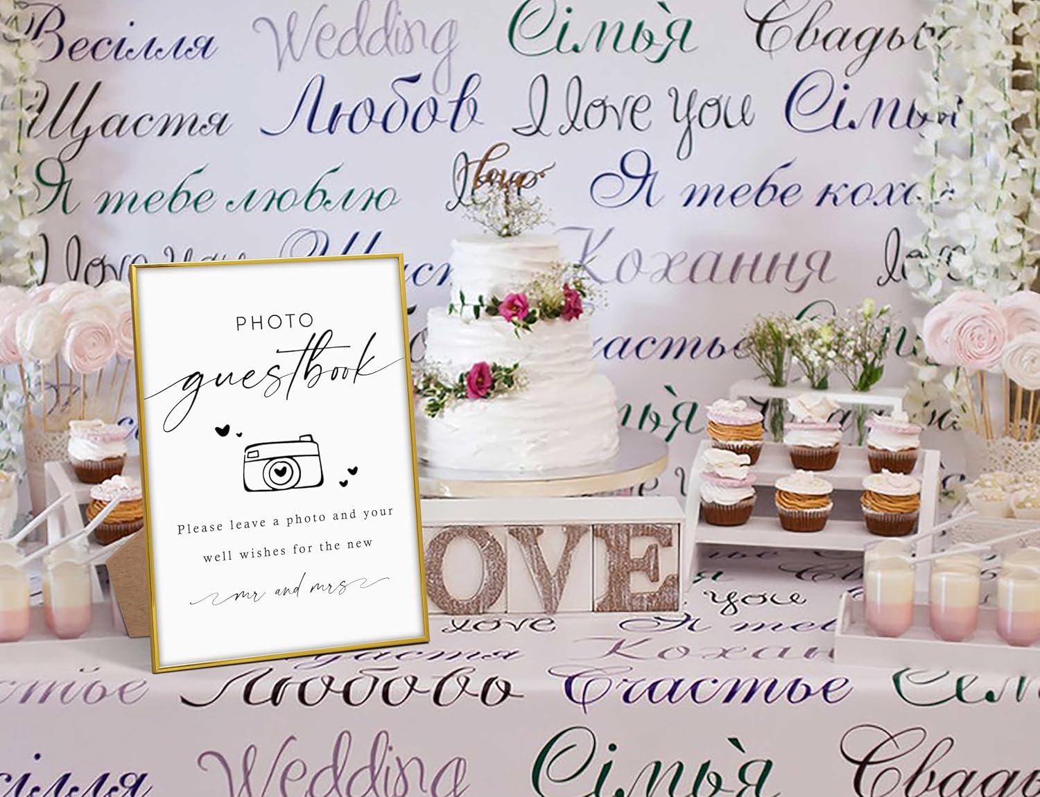 Wedding Photo Guest Book Sign, 8"X 11" Gold Frame Wood Wedding Sign with Stand, Bridal Shower Guest Book Alternative, Engagement Party Decorations, Favors for Ceremony and Reception-5 - Image 4