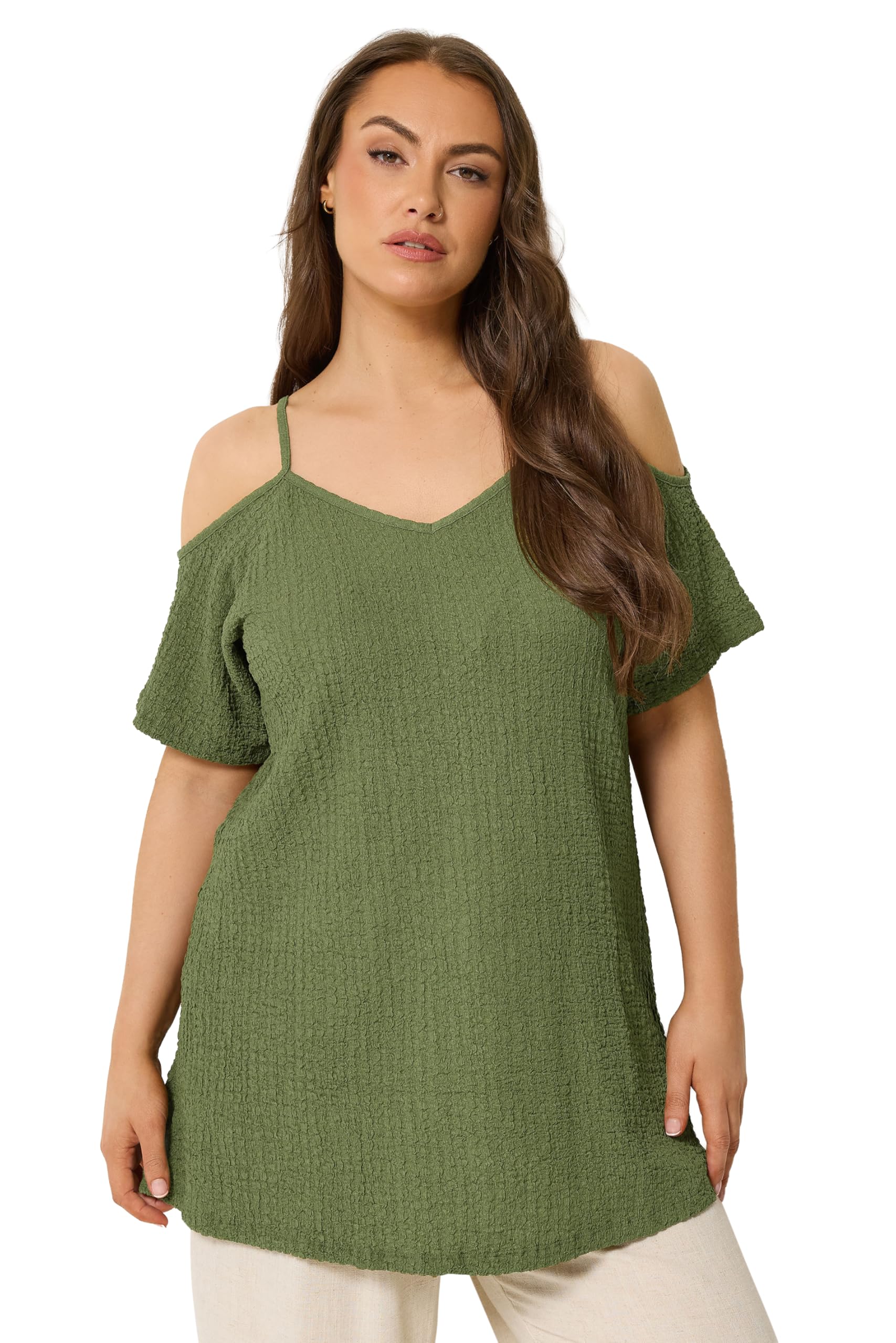 Yours Curve Green Textured Cold Shoulder Top - Women's - Plus Size Curve