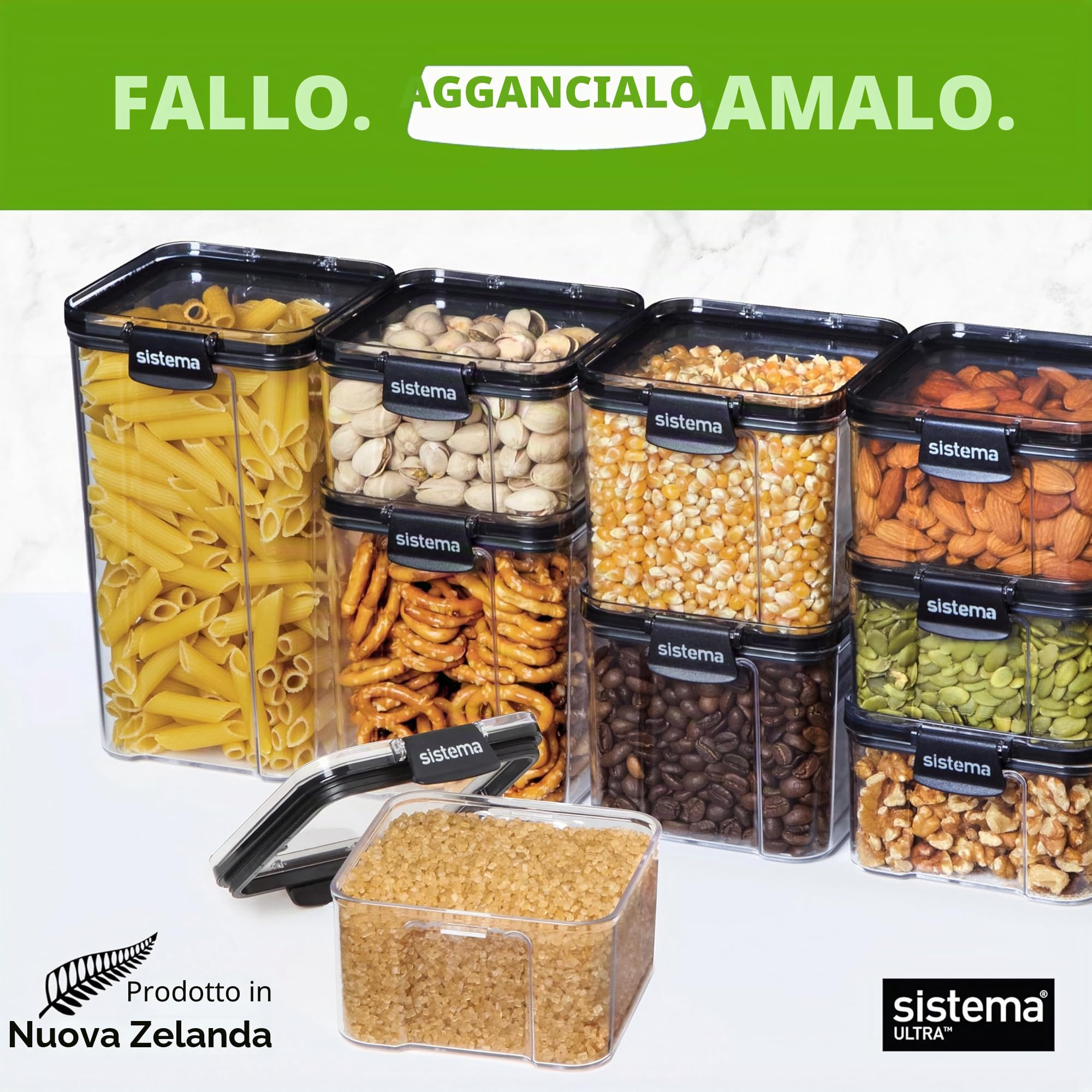 Sistema Ultra Square Contenitori ermetici dispensa | Conservazione degli alimenti di capacità assortita | Impilabile | Clip di bloccaggio | Senza BPA | Trasparente e nero | 5 pz