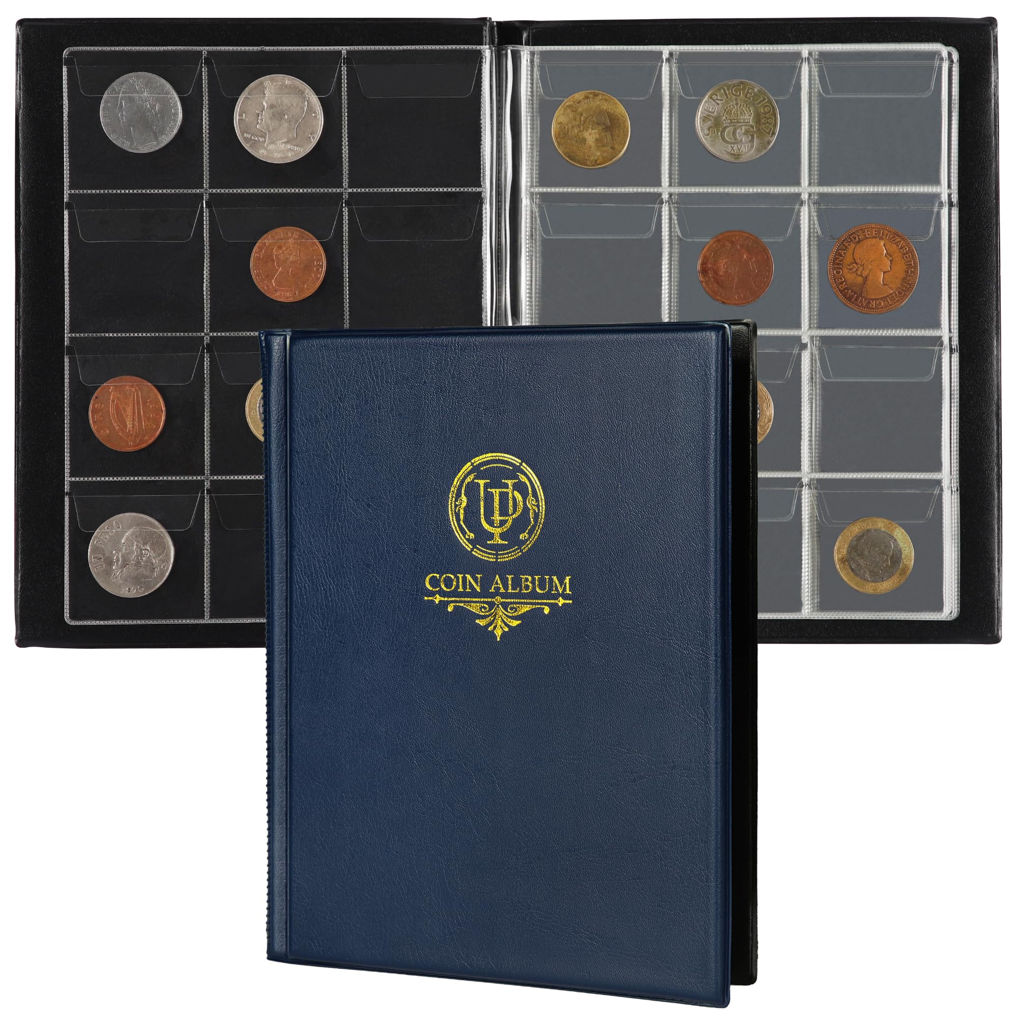120 Pockets Coin Album - Coin Collecting Book with 10 Pages, 45x43 mm Grid Holder for Pounds Pence Cents Dollars Nickel (Blue) CS48120BL
