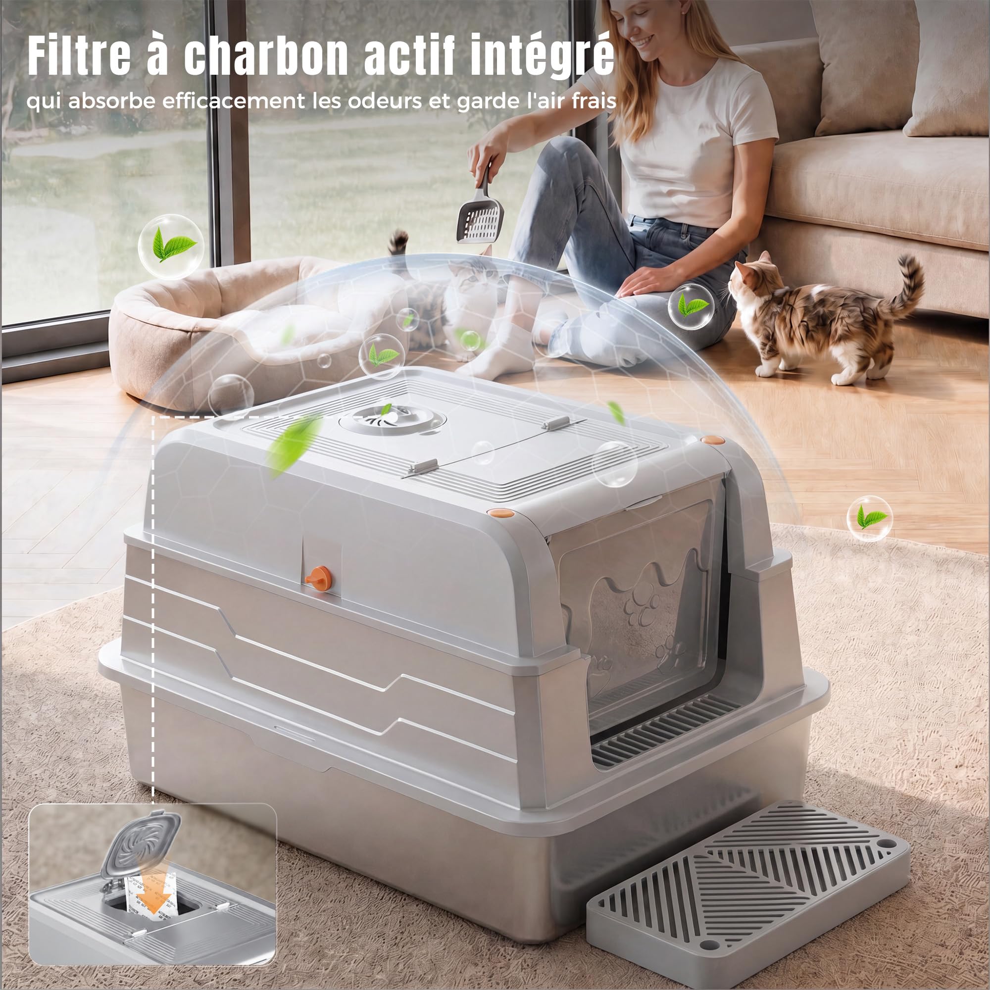 JUMMICO Bac A Litiere pour Chat XXXL, 120L Bac Litiere pour Chat – 3 en 1 (Ouvert/Semi-Fermé/Fermé), Couvercle Ouvert À 150°, Anti-Rayures, Anti-Fuites, Facile À Nettoyer, Plateau Anti-Sable