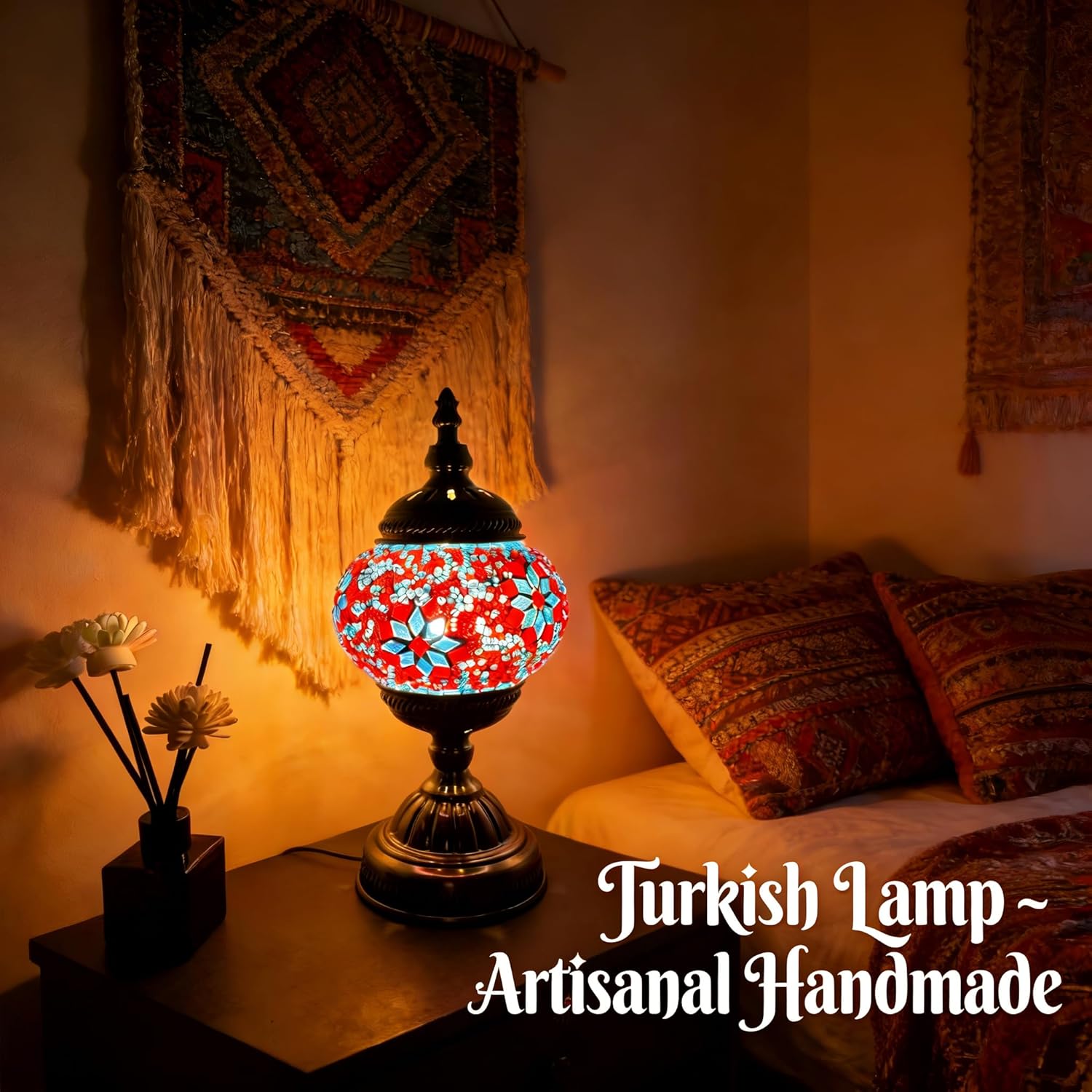Turkish Moroccan Table Lamp Tiffany Style Mosaic Table Lamp Glass Bedside Lamps for Bedroom Living Room Handmade Stained Glass Lamp Vintage with Bronze Base Included LED Bulb (Blue and Red)