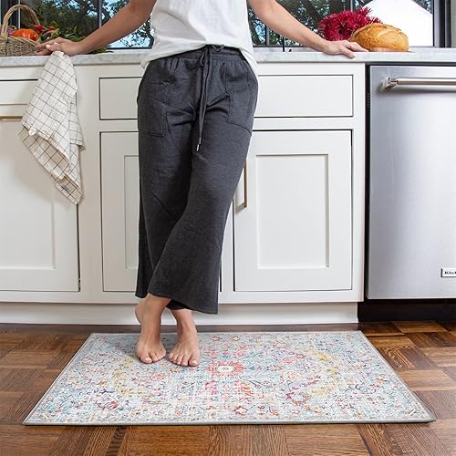 Miniatura 2 de Estmy Alfombra bohemia elegante con medallón envejecida, 2 x 3 pies, estilo oriental vintage, bohemia, ultra fina, de tejido plano, antideslizante,