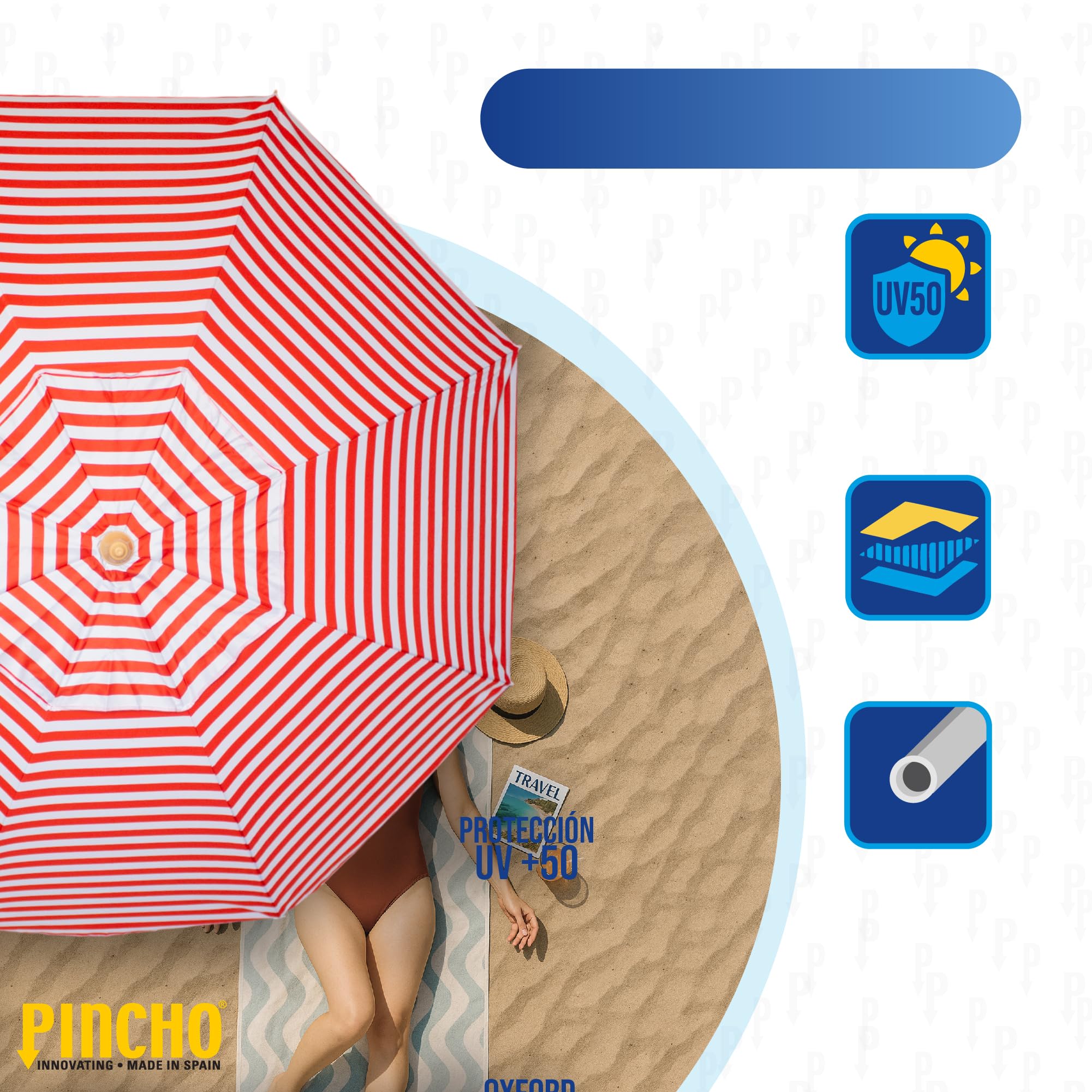 Pincho Grand parasol de plage anti-vent avec protection UV50+, tube en aluminium et 8 baleines en fibre de verre, inclinable avec fenêtre supérieure, embout en aluminium