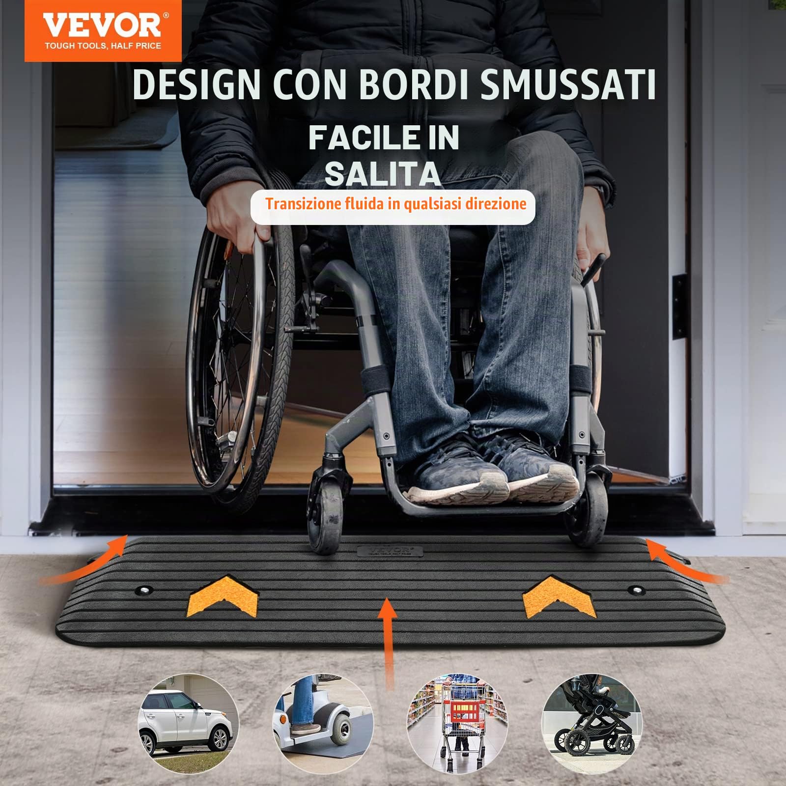 VEVOR Rampa per Soglia in Gomma Altezza 2,5 cm con Canale per Cavi Capacità Max. 15 Tonnellate per Veicoli, Rampa per Soglia Gradini Superficie Antiscivolo 113x24,1x2,5 cm, Rampa Soglia Antiscivolo