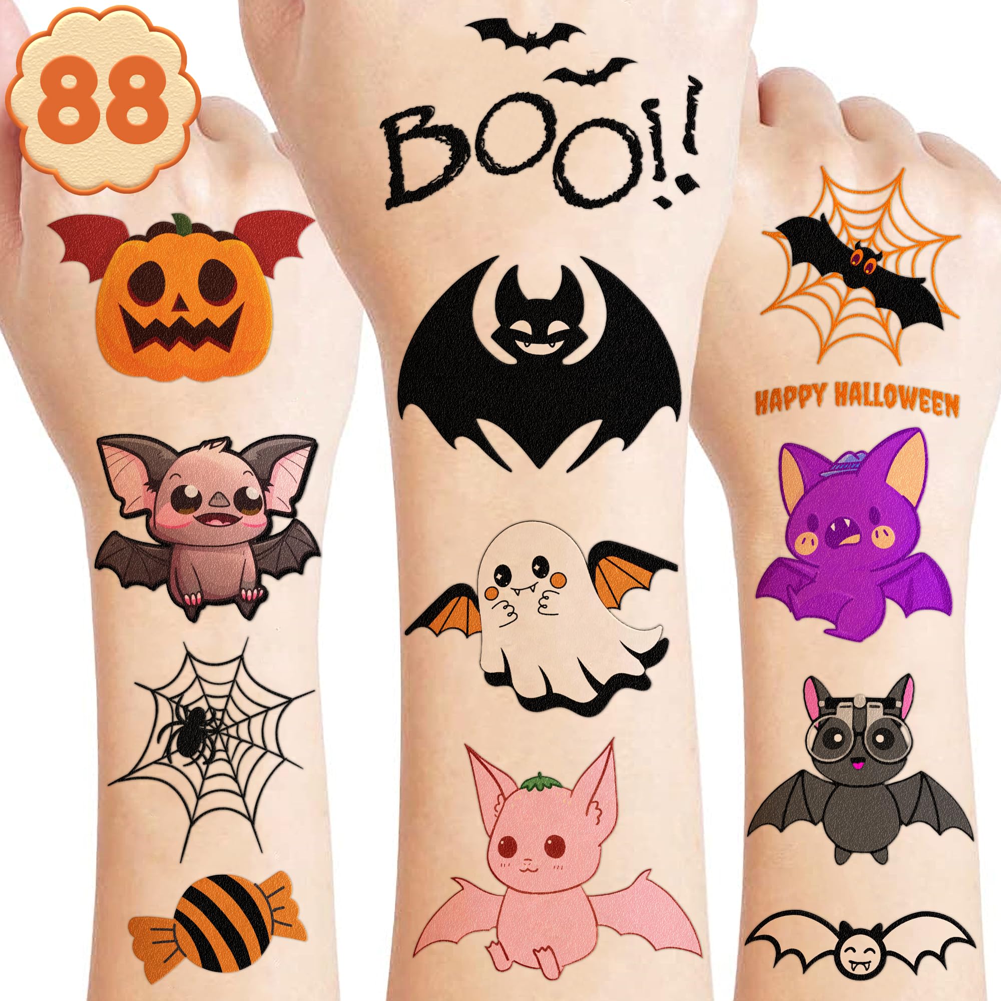 Bat Temporary Tattoos - 88 PCS Cute Pink Halloween Happy Boo Day Ghost Black Themed Stickers for Kids Birthday Party Supplies, Decorations, Favors, and Prizes - Cute Gifts for Boys and Girls