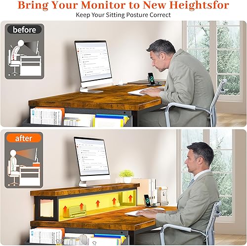 Miniatura 9 de EnHomee Escritorio de oficina de 57 pulgadas con cajones y espacio para impresora, escritorio de computadora con tomas de corriente, escritorios de