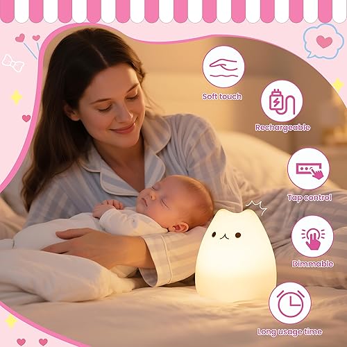 Miniatura 5 de Luz nocturna para niños, luz nocturna LED de silicona regulable recargable con 7 colores, lámpara de noche para guardería de bebé, lámpara táctil