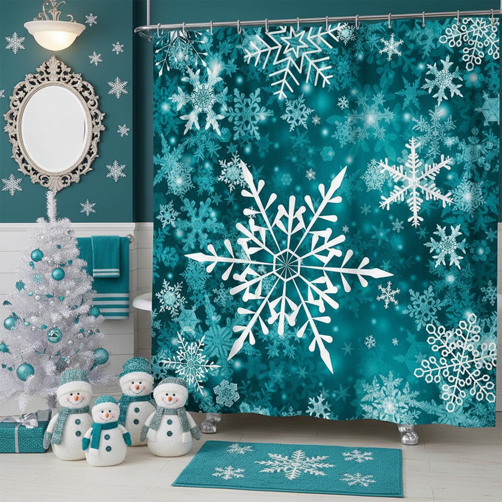 DYNH Christmas Snowflake Shower Curtain Set for Bathroom, Winter Teal Decorative Curtains, 72X72IN