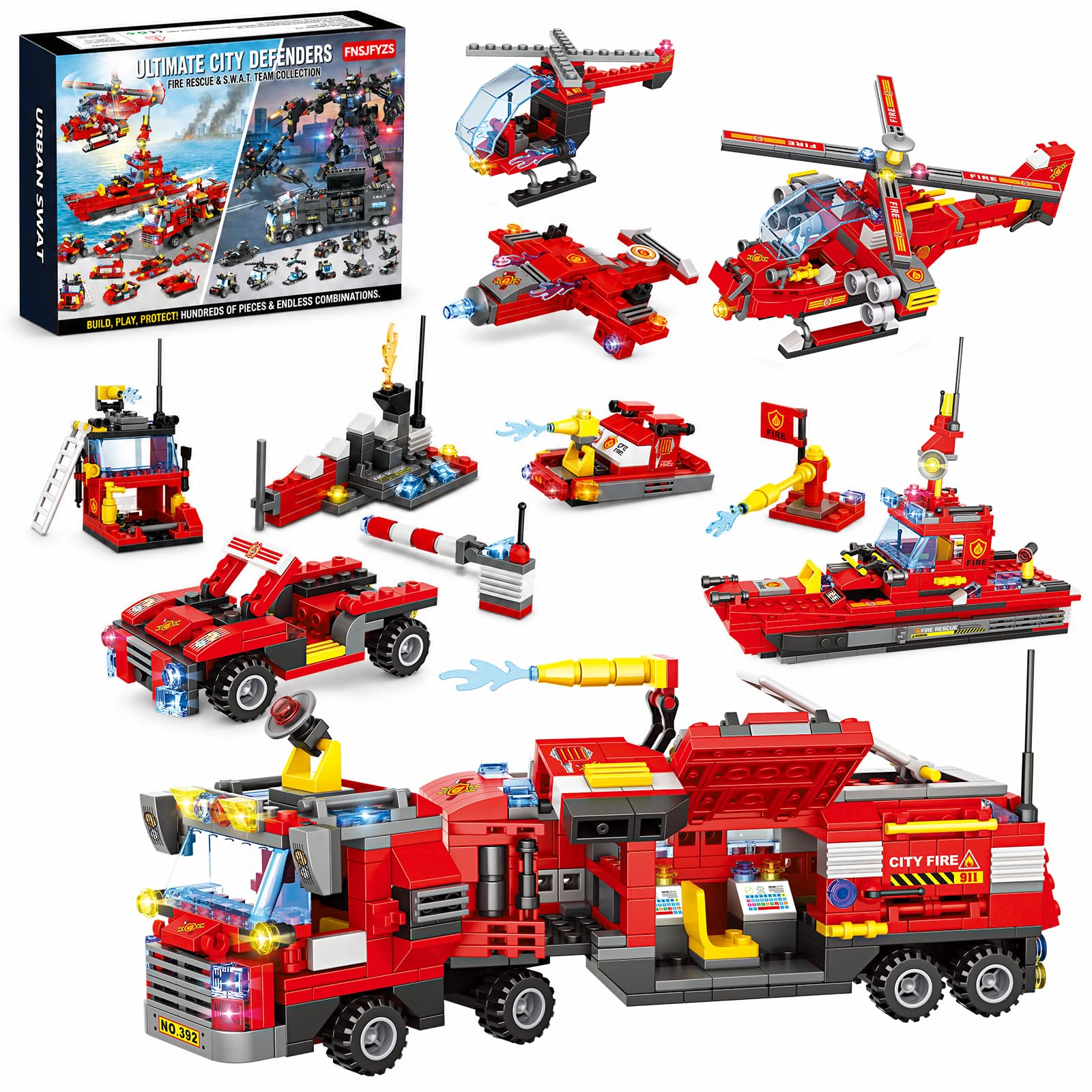 FNSJFYZS City Fire Truck Building Set, Fire Rescue Helicopter Boat Model