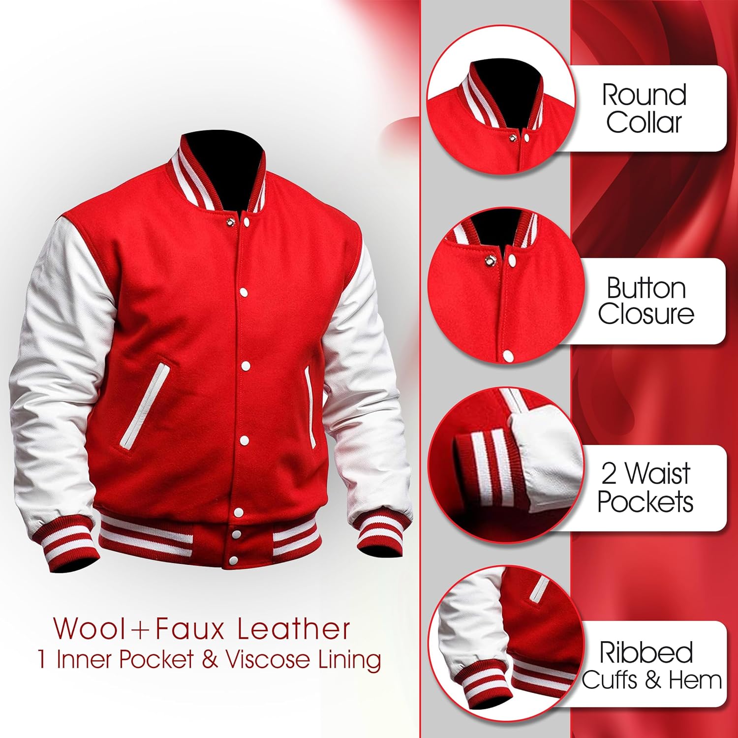 Unisex Varsity Letterman Jacket - Wool Blend Body With Faux Leather Sleeves, College Bomber Style (Multiple Colors)