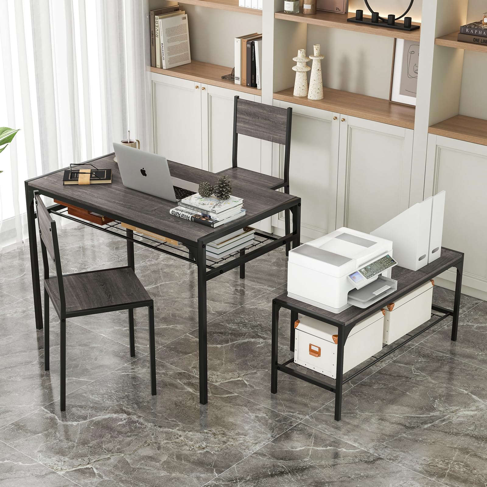 Giantex Dining Table Set for 4, Kitchen Table with Chairs & Bench, Storage Racks, Metal Frame, 4-Piece Space-Saving Dinette Set for Dining Room, Breakfast Nook, Small Space, Apartment, Grey