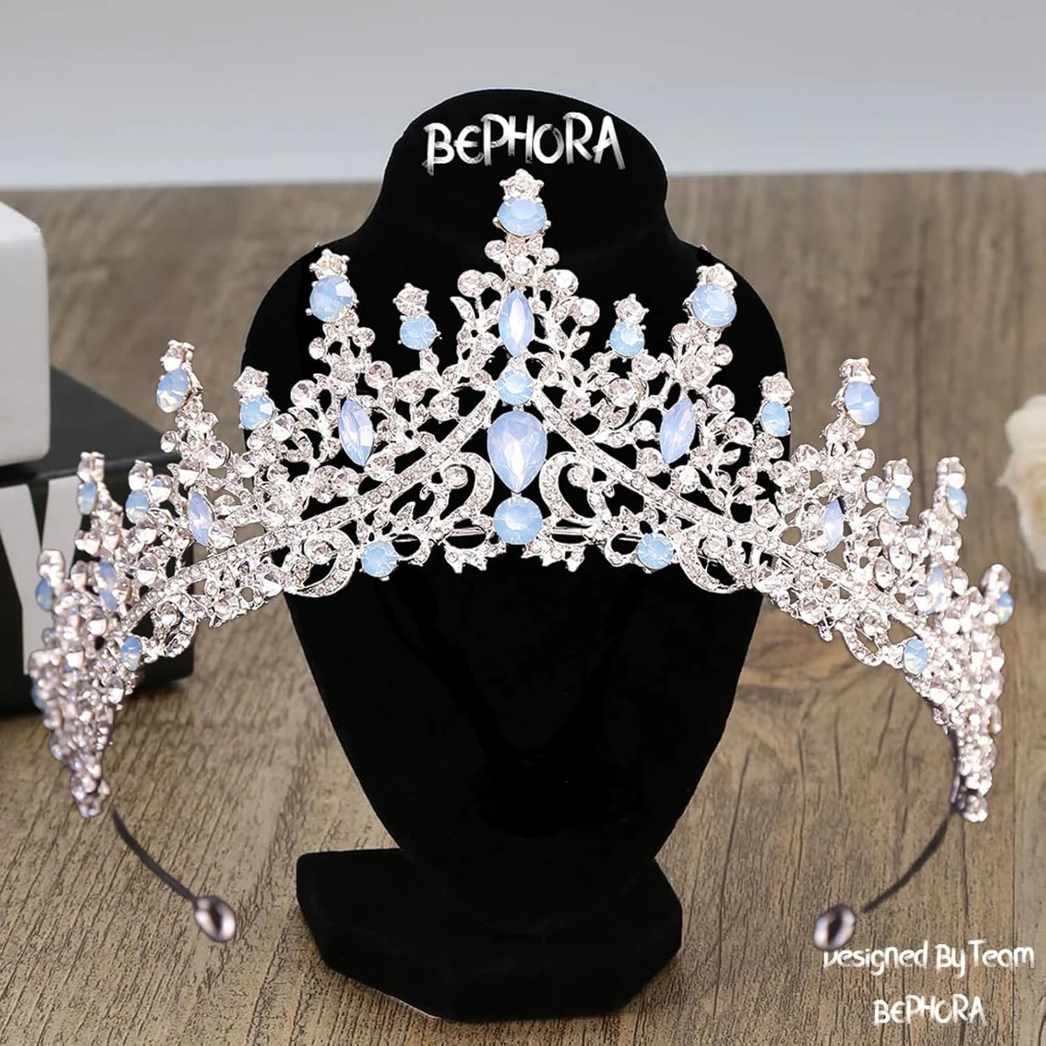 Silver Light Blue Opal Bridal Tiara Jewelry Set with Necklace & Earrings in Luxury Gift Box – Elegant Crown for Weddings, Prom & Graduation