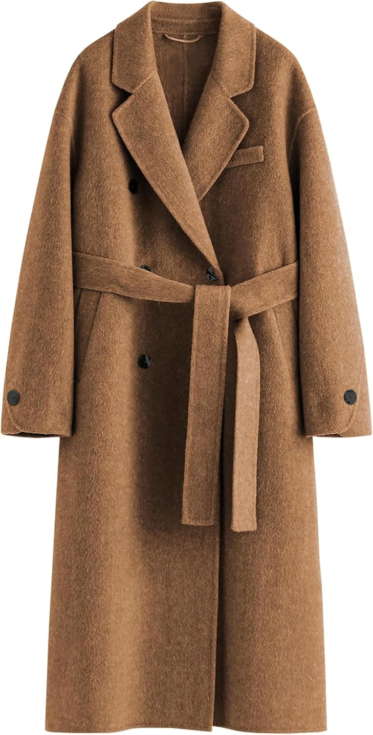 Peaceglad Womens Pea Coats Fall Long Trench Coat Double Breasted Button Down Lapel Belted Peacoat