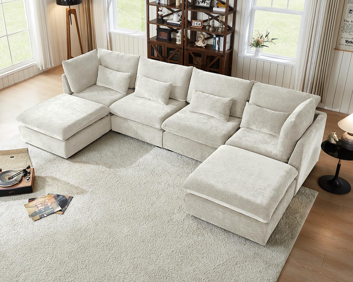 CHIC HOUSE 168 Oversized Chenille Modular Sectional Sofa Extra Deep 6-Seater Sofa Modern Cloud Couch with Ottoman Sectional