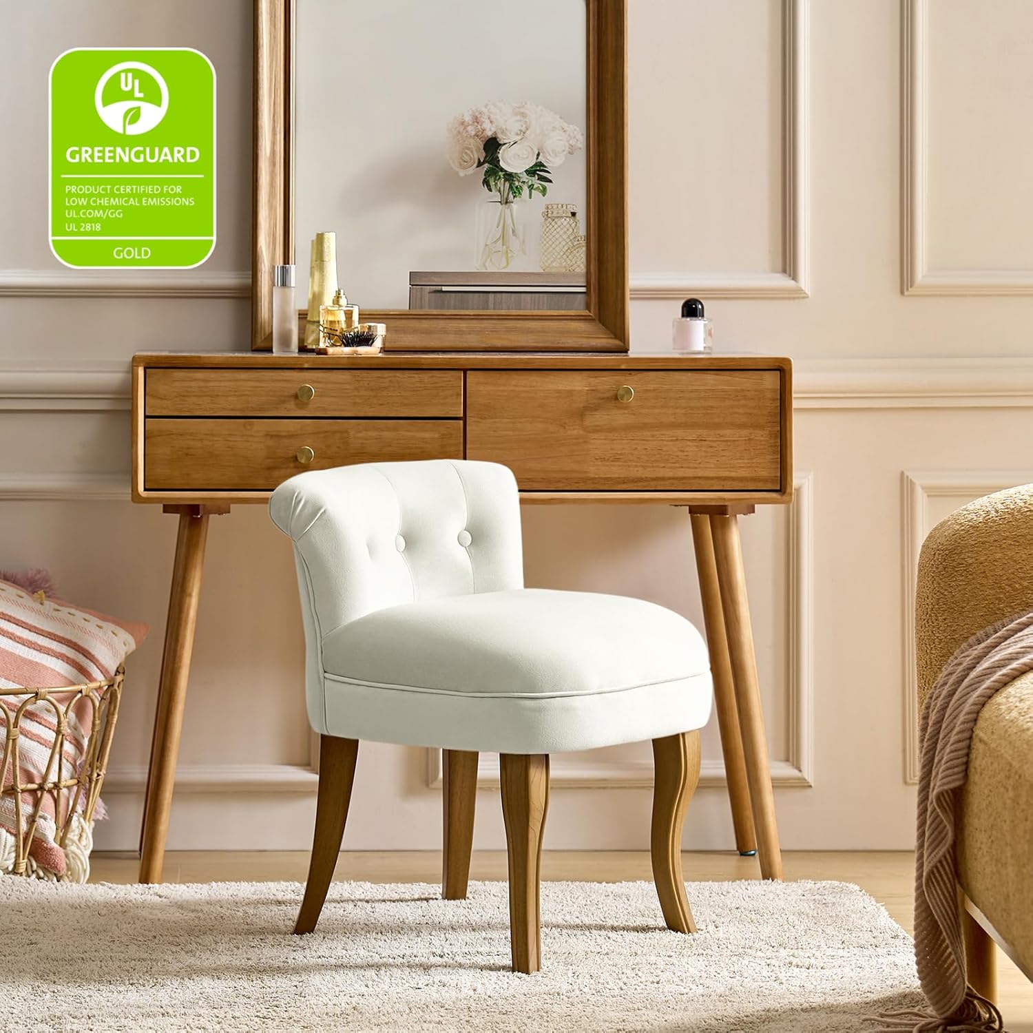 HULALA HOME Velvet Vanity Stool with Low Back, Modern Vanity Chair with Solid Wood Legs, Small Upholstered Makeup Chair Home Decor for Bedroom Living Room Dressing Table, Women Girls, Ivory