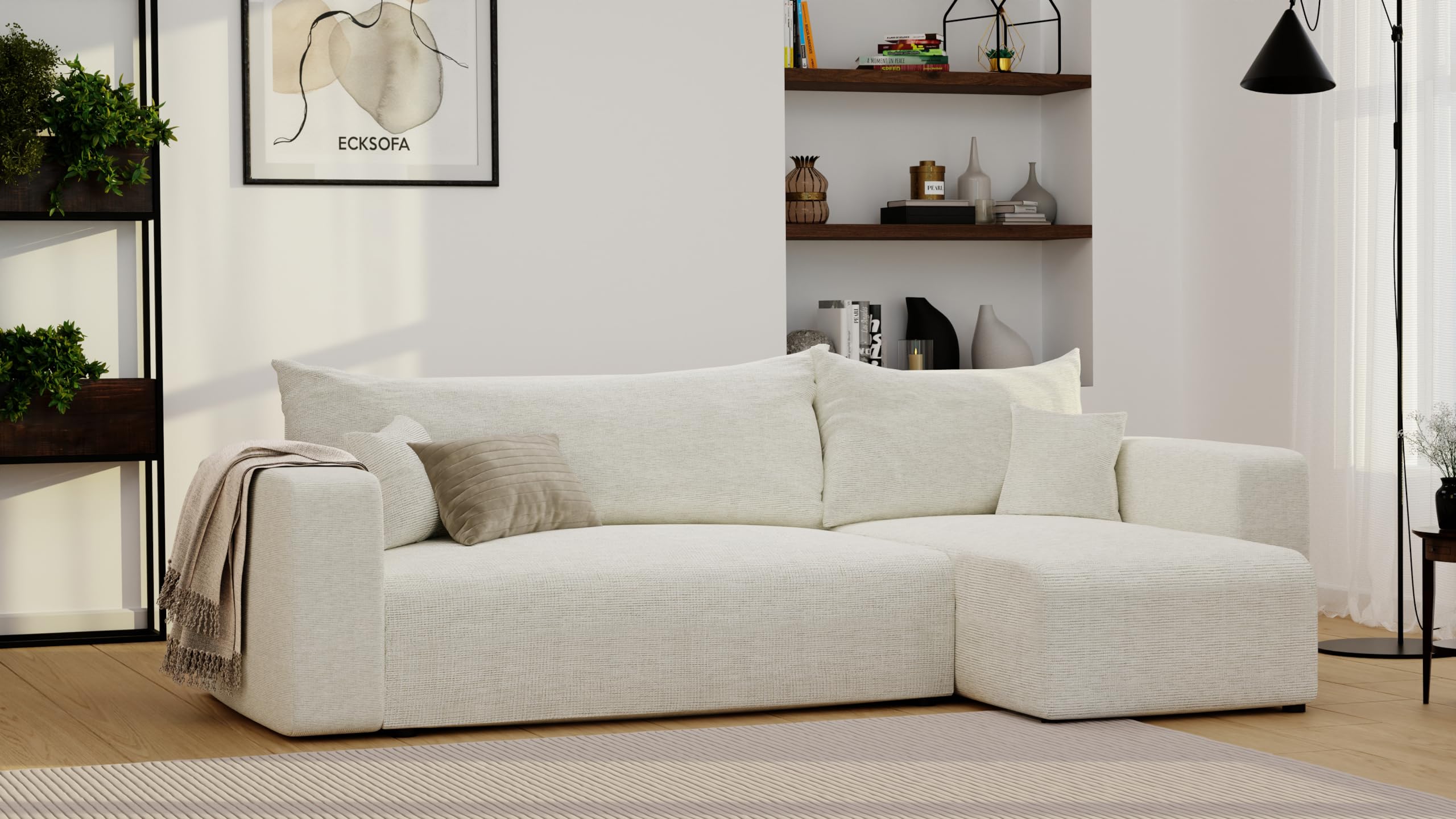 Ecksofa mit Schlaffunktion und Bettkasten 248 x 145 cm Beige | 248 x 145 x 79 cm, Kiefernholz und MDF, Hoher Sitzkomfort, Wohnen und Schlafen, Integrierter Bettkasten