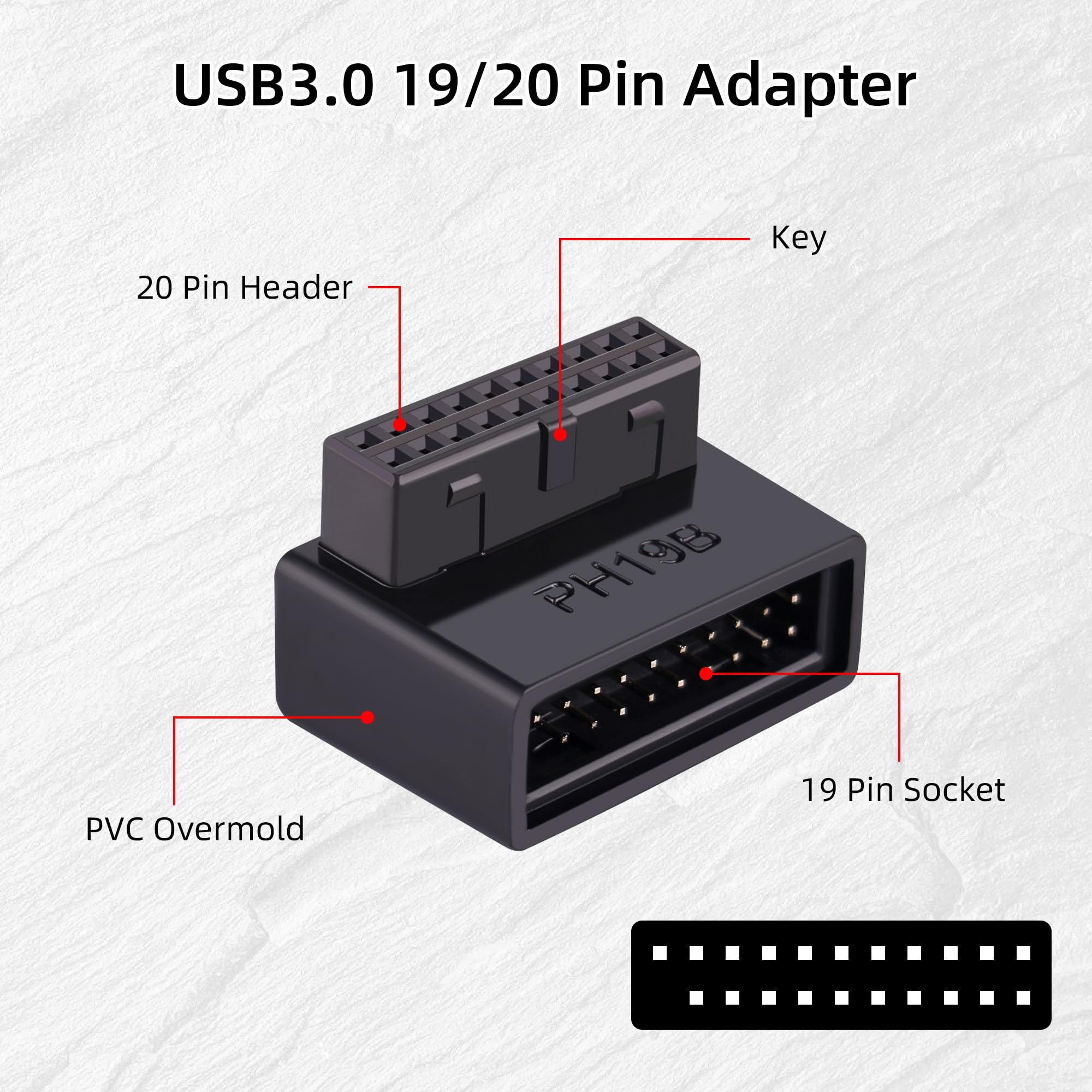 GIASYIEH USB 3.0 19/20Pin Right Angle Adapter, 90° L-Shaped Male to Female Motherboard Header Connector with Protective Shell (PH19B Down Angle)
