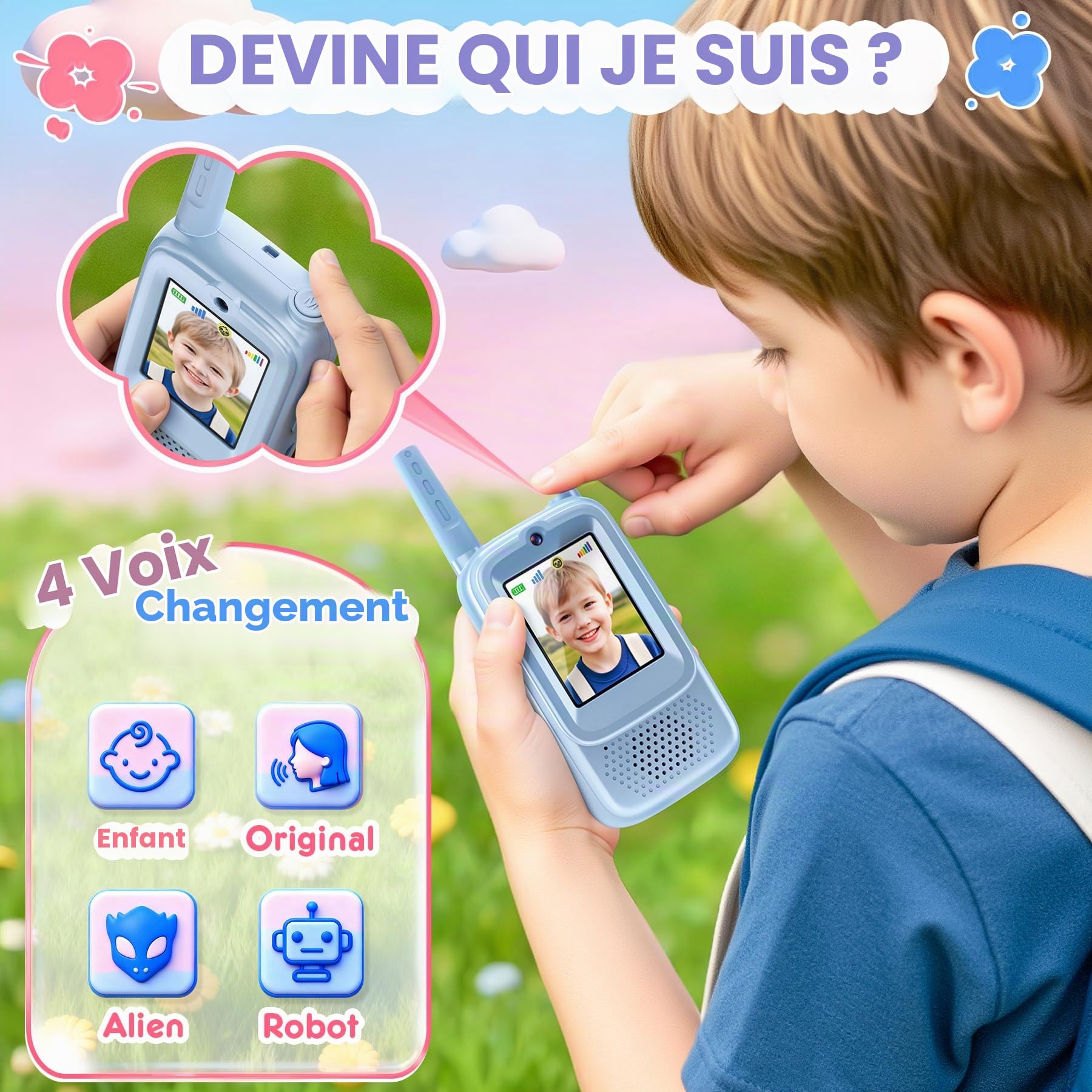 Pourbibi Talkie Walkie Enfants,Talkie Walkie Vidéo, Portée de 400 Mètres et 4 Effets Vocaux,Jouet pour les Enfants de 3 à 12 Ans, Idéal pour les Activités de Plein Air et le Camping, Haute Performance