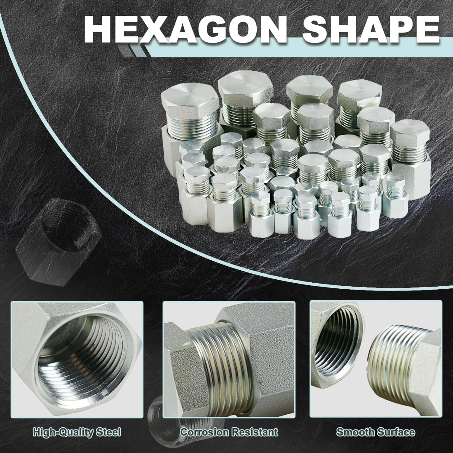 HILLHOUSE 72 Pcs Hydraulic Hose Caps and Plugs Kit, NPT Cap and Plug Assortment Kit, Flare Threads Hydraulic Hose Fittings, Carbon Steel, Size 2 4 6 8 10 12 16