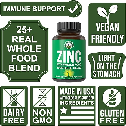 Miniatura 4 de Suplemento vegano de zinc con vitamina C + mezcla de alimentos integrales de 25 verduras y frutas para una máxima absorción. Suplementos de zinc