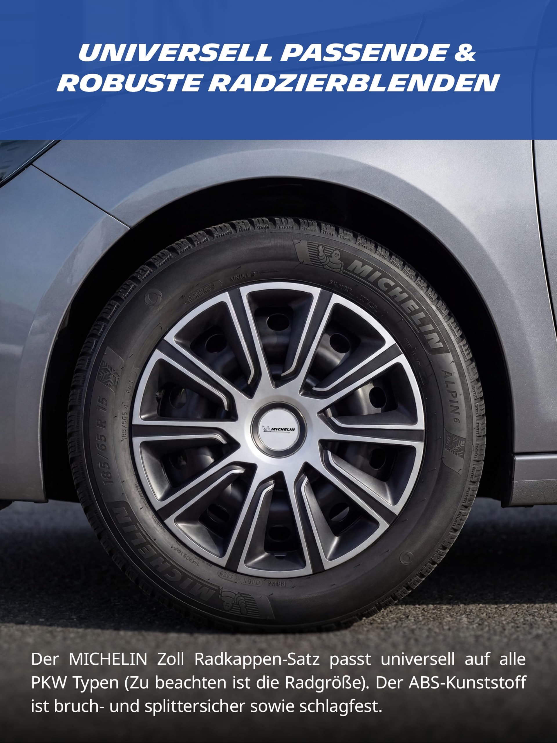 MICHELIN MX-LBS uniwersalne kołpaki ozdobne, 4 sztuki, do samochodu, tworzywo sztuczne ABS, kolor czarny/srebrny