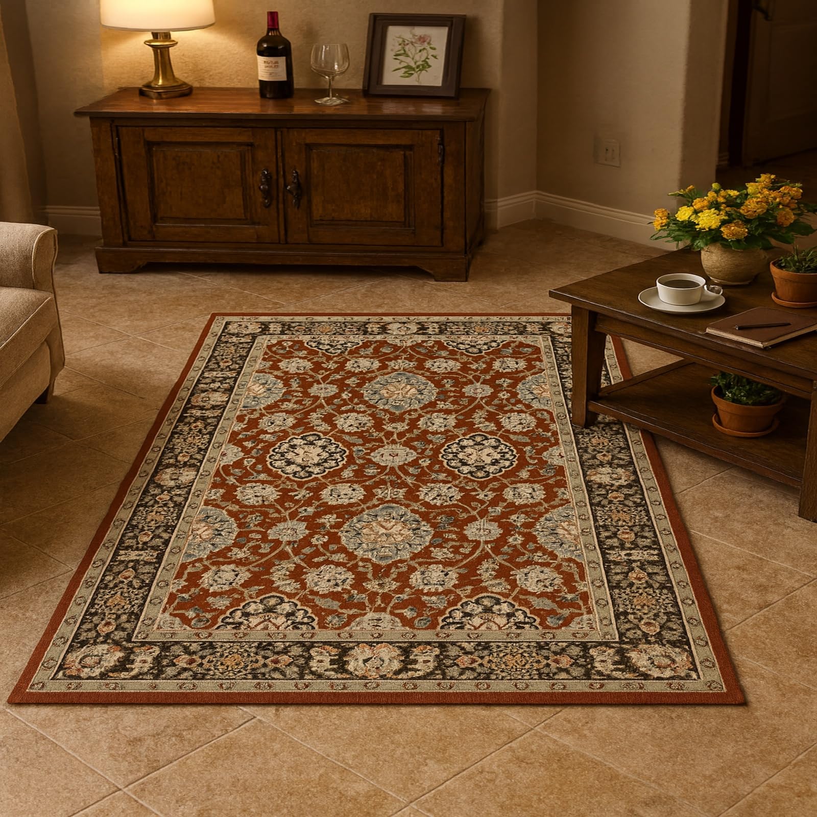 Tapis de chambre adulte rouge floral antidérapant pour créer un coin cosy