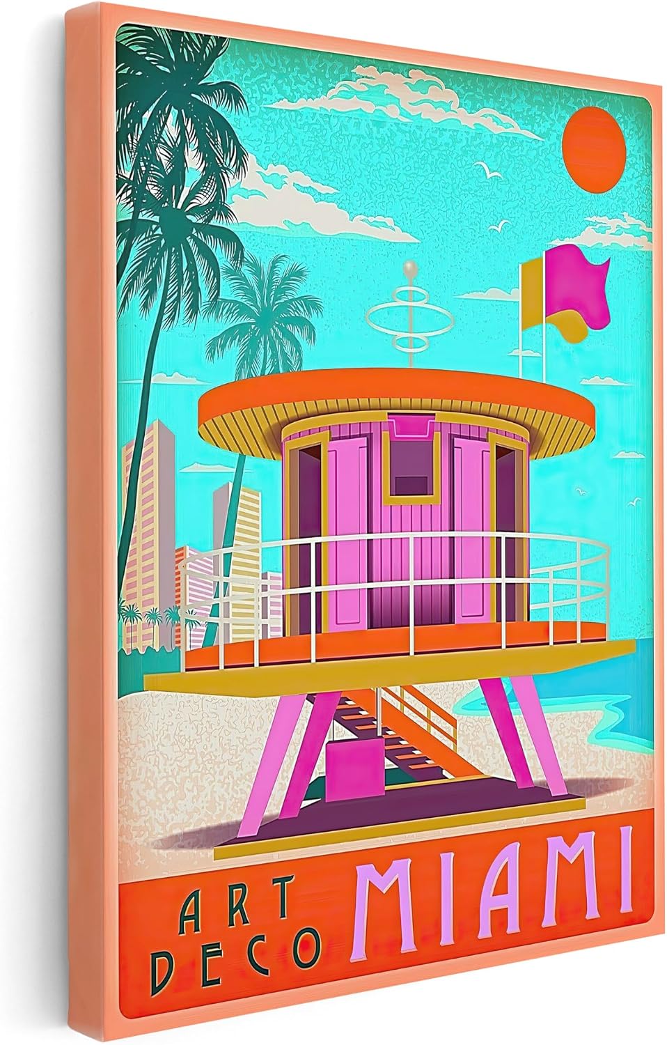 Poster Master Travel Canvas - Retro Tourism Print - Miami Beach, Florida, Art Deco, Rescue Tower, Orange Sun - Gift for Artist, Friend - Wall Decor for Home, Office - 8x10 STRETCHED Canvas
