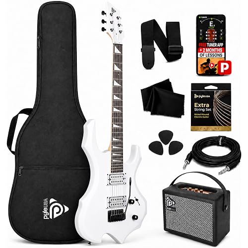 Pyle Heavy Metal EG Fire Electric Guitar Axe w/ Amplifier Kit, Full Size Instrument w/ Practice Amp & Accessories, Metal Axe, White