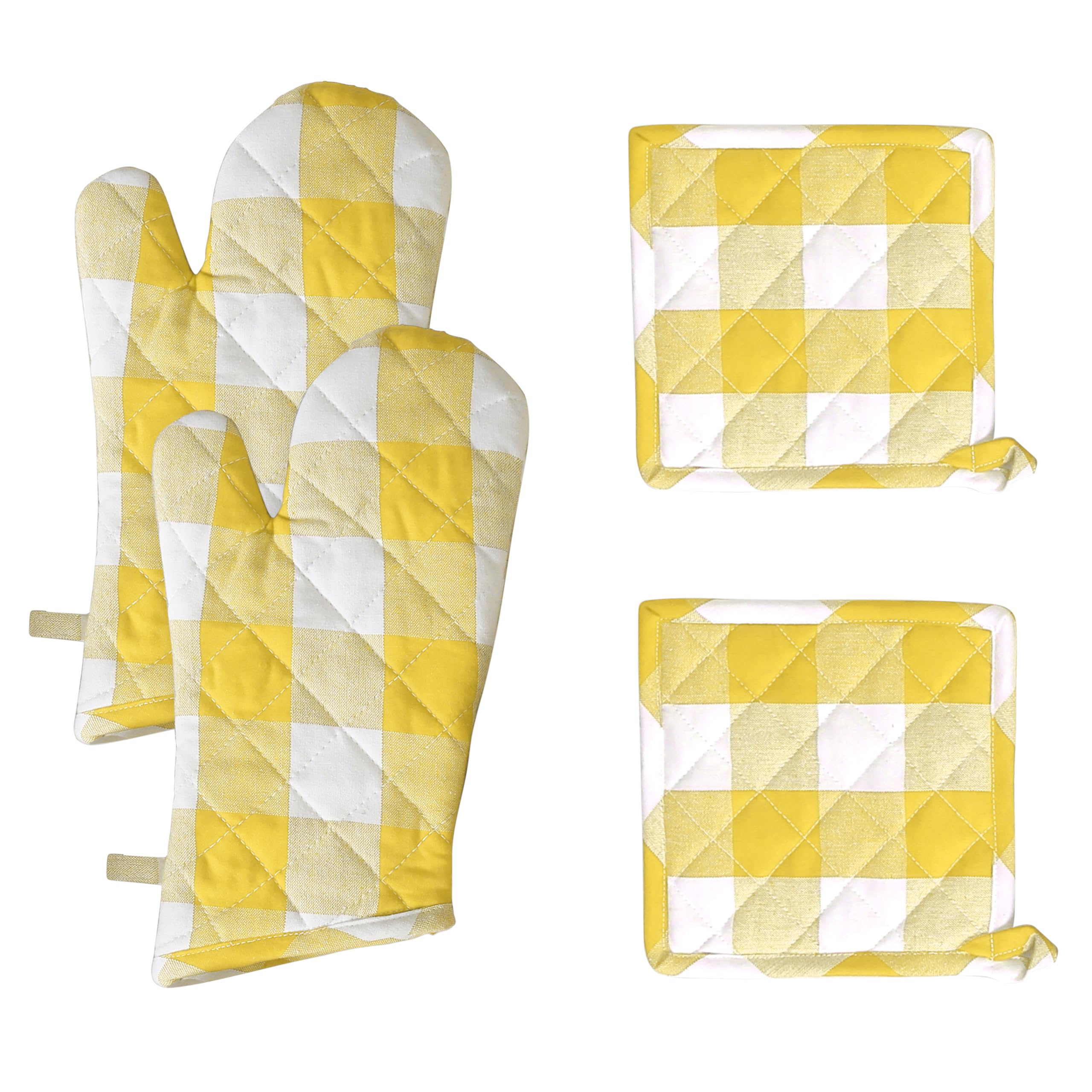 Native Fab Buffalo - Juego de 4 manoplas de horno y soportes para ollas, 100% algodón, resistentes al calor, 2 guantes de horno (7 x 13), 2 soportes para ollas (8 x 8) para cocinar y hornear, amarillo