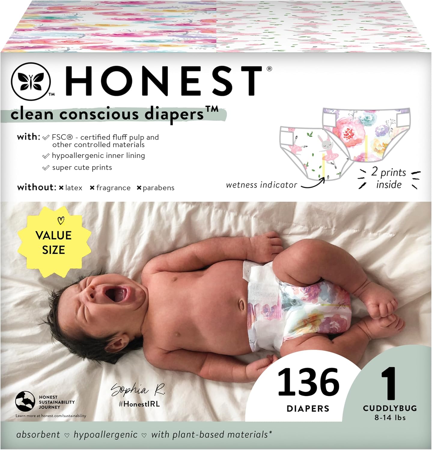 the honest company clean conscious diapers for sensitive skin | hypoallergenic, fragrance free | girl prints | super club box, size 1 (8-14 lbs), 136 count size 1 (136 count) rose blossom + tutu cute