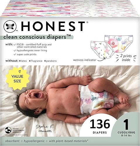 The Honest Company Clean Conscious Pañales  A base de plantas, sostenibles  Flor de rosa + tutú lindo  Caja Super Club, talla 1 (8-14 libras), 136