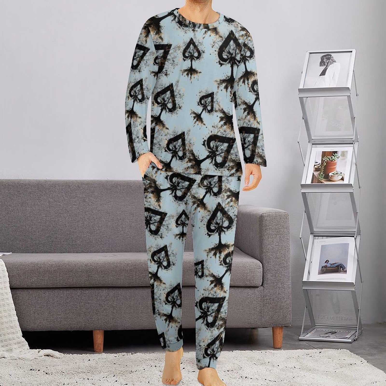 Juego de pijama para hombre de 2 piezas con cuello redondo y manga larga, suave parte superior e inferior transpirable para todas las estaciones