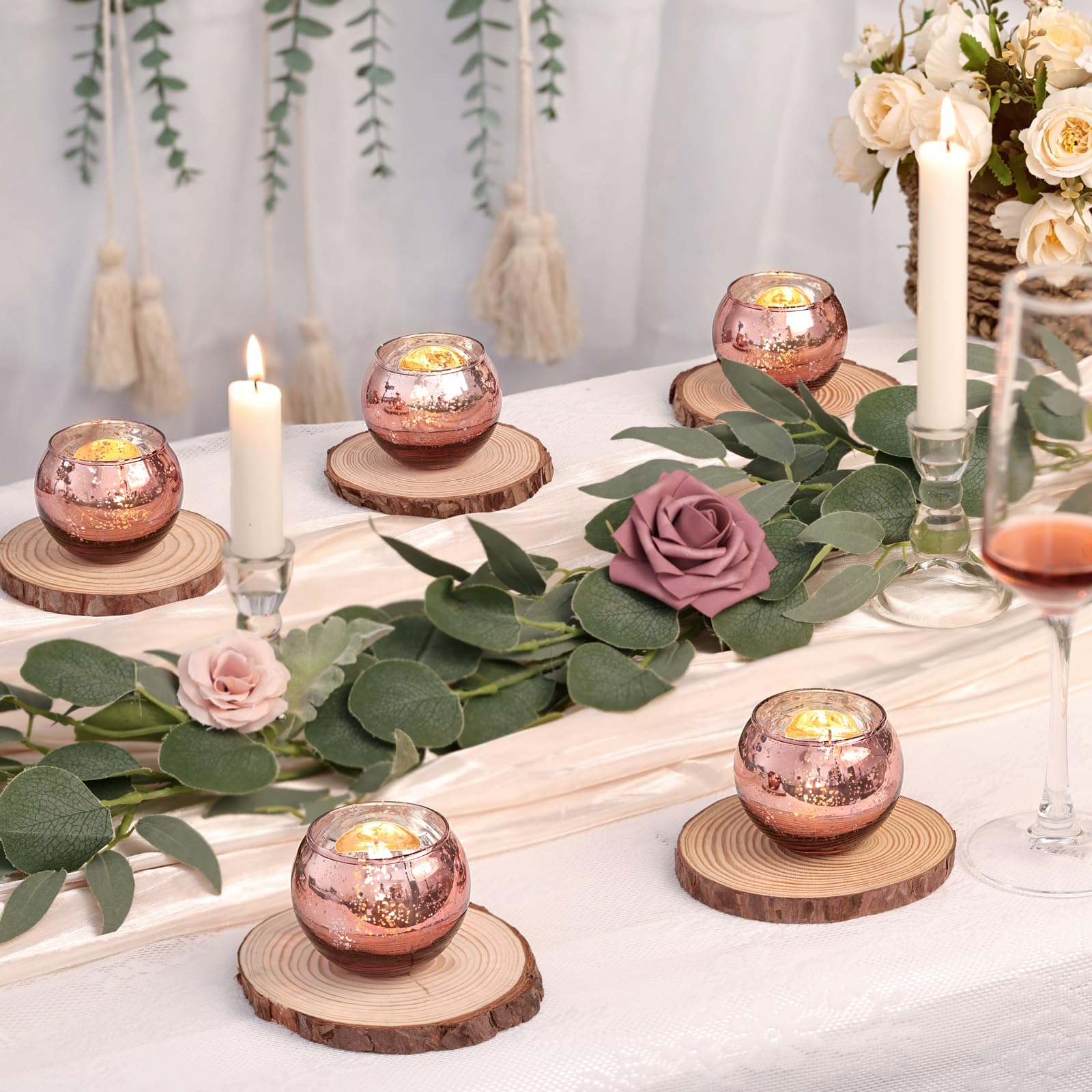 LAMORGIFT 36Pcs Rose Gold Glass Votive Candle Holders- Small Mercury Tealight Candle Holders Rose Gold Party Decorations for Wedding, Bridal Shower, Engagement, Birthday Party Table Centerpieces