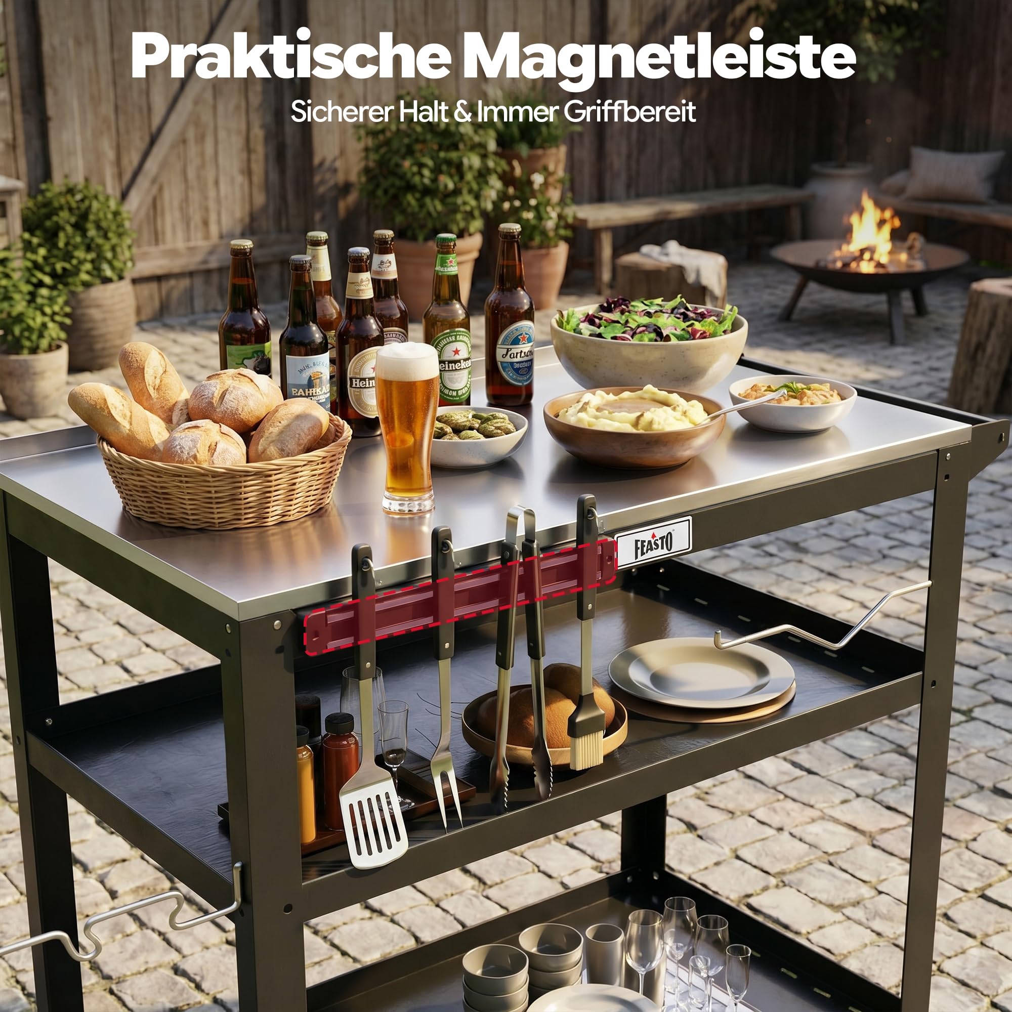 Feasto Grillwagen Outdoor Grilltisch Outdoor Servierwagen Pizzatisch | 90x46x82,5 cm Outdoor Grill Trolley mit Edelstahlplatte, Gewürzregal, Magnetleiste, für Hinterhof, Garten, Terrasse