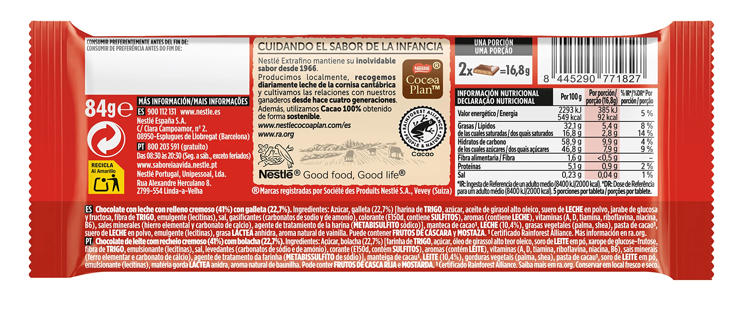 NESTLÉ EXTRAFINO tableta de chocolate con leche y galleta Tosta Rica 25x84g