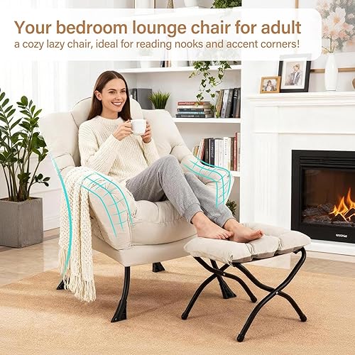 Miniatura 8 de Silla perezosa con otomana, moderna silla decorativa con almohada lumbar, sillas cómodas con reposapiés plegable para dormitorio, lectura, sillas de