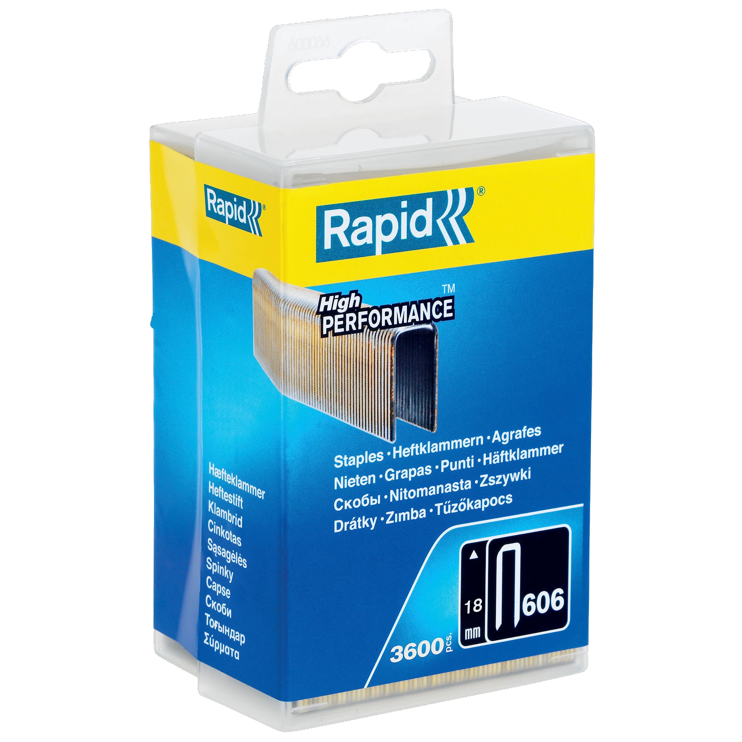RapidHigh-Performance Staples for Dense Materials, Narrow Crown No. 606, Leg Length 18mm, Staple Gun Staples, Resin-Coated Galvanised Steel, 3600 Pieces, Plastic Box (40303094)