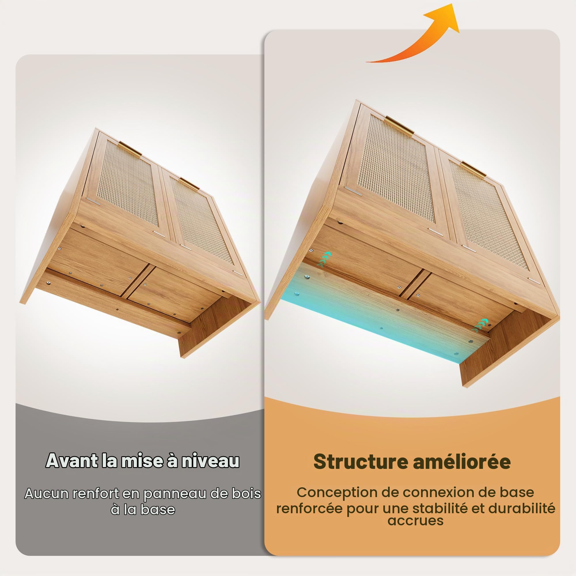 Armoire de salle de bain avec paniers à linge, panier à linge inclinable, armoire de rangement de salle de bain avec design en rotin véritable, 2 paniers à linge amovibles avec poignées, 66 x