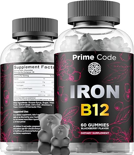 Gomitas de hierro para mujeres y hombres con vitamina B12, suplemento de hierro de 20 mg para adultos, constructor de sangre gratis para la anemia,