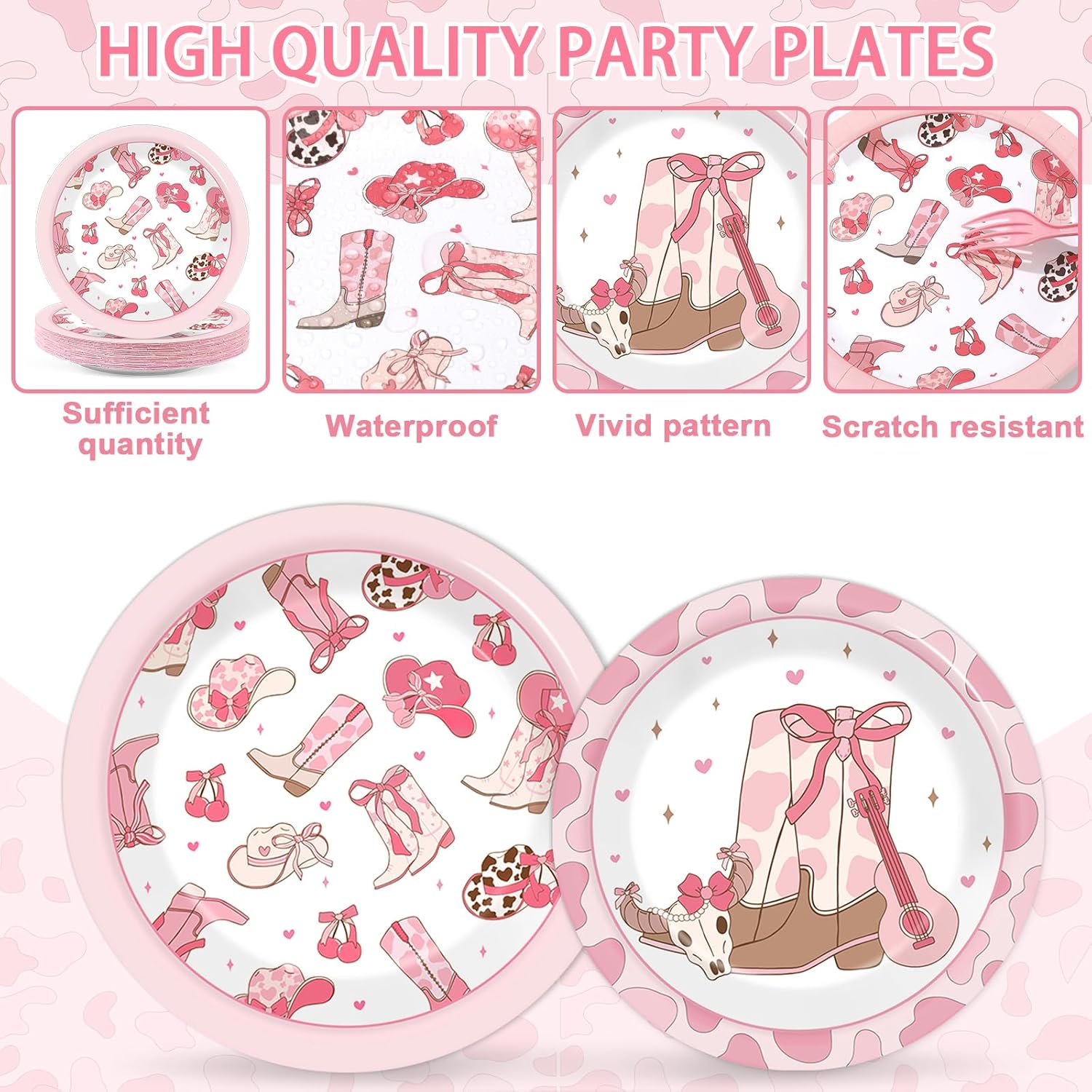 96 Pcs Coquette Bow Cowgirl Party Plates Western Cowgirl Plates and Napkins Disposable Pink Bowknot Rodeo Tableware Dinnerware Set for Bachelorette Kids Baby Shower Decorations Favors Serve 24 - Image 3