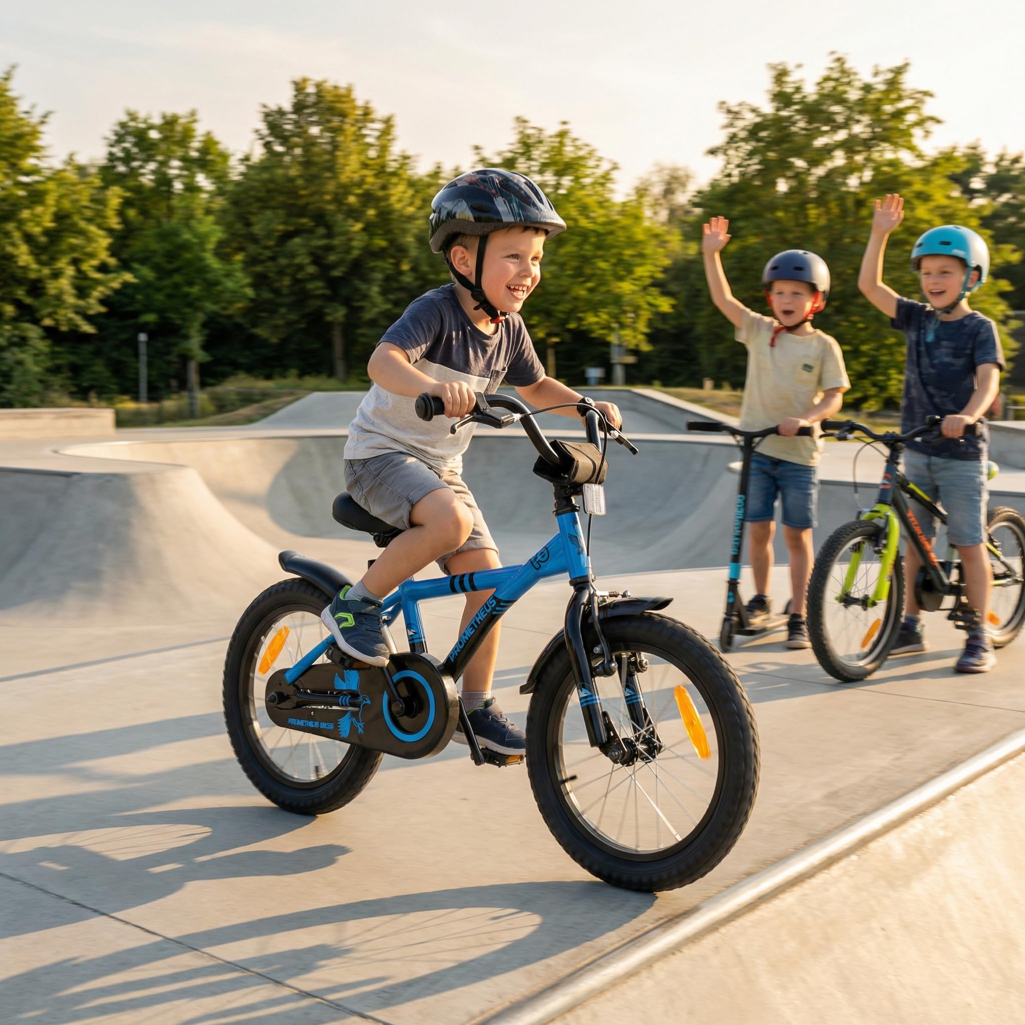 PROMETHEUS BICYCLES Velo 16 Pouces Garcon Fille Velo Enfant 16 Pouces pour 4 a 5 Ans - Vélo BMX avec Frein à rétropédalage, Roues stabilisatrices en Bleu Noir