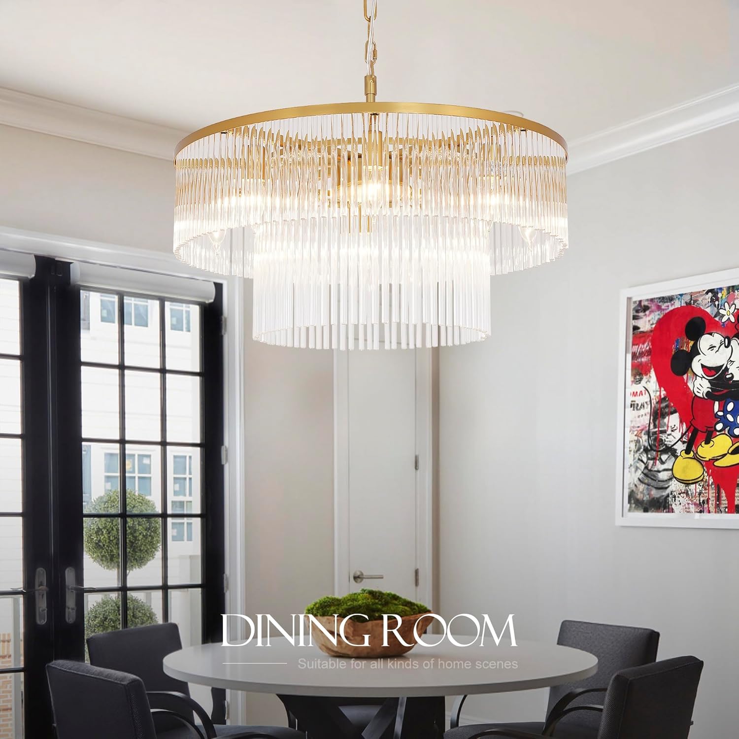 Round Crystal Chandelier Modern Brushed Brass Glass Raindrop Chandeliers for Dining Room 8 Lights Hanging Pendant Ceiling Lamp for Entryway Foyer Lighting Fixture D23.6