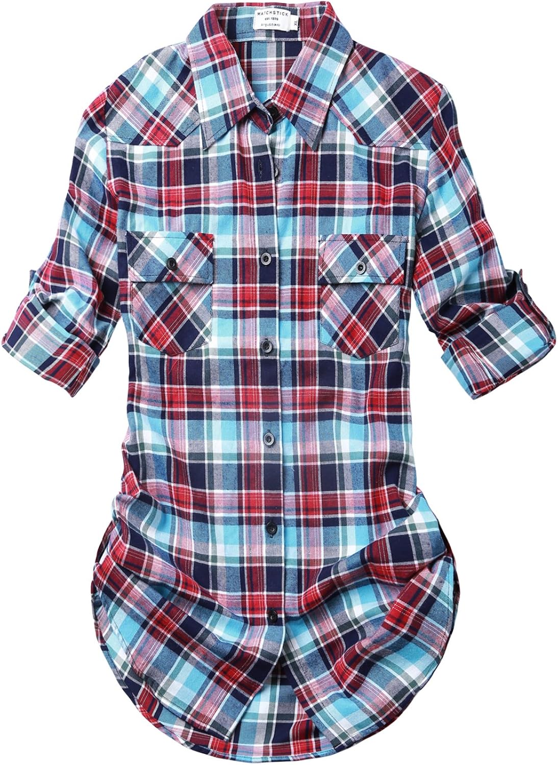 Match Women's Mid-Long Style Roll-Up Sleeve Thin Plaid Shirt #2005