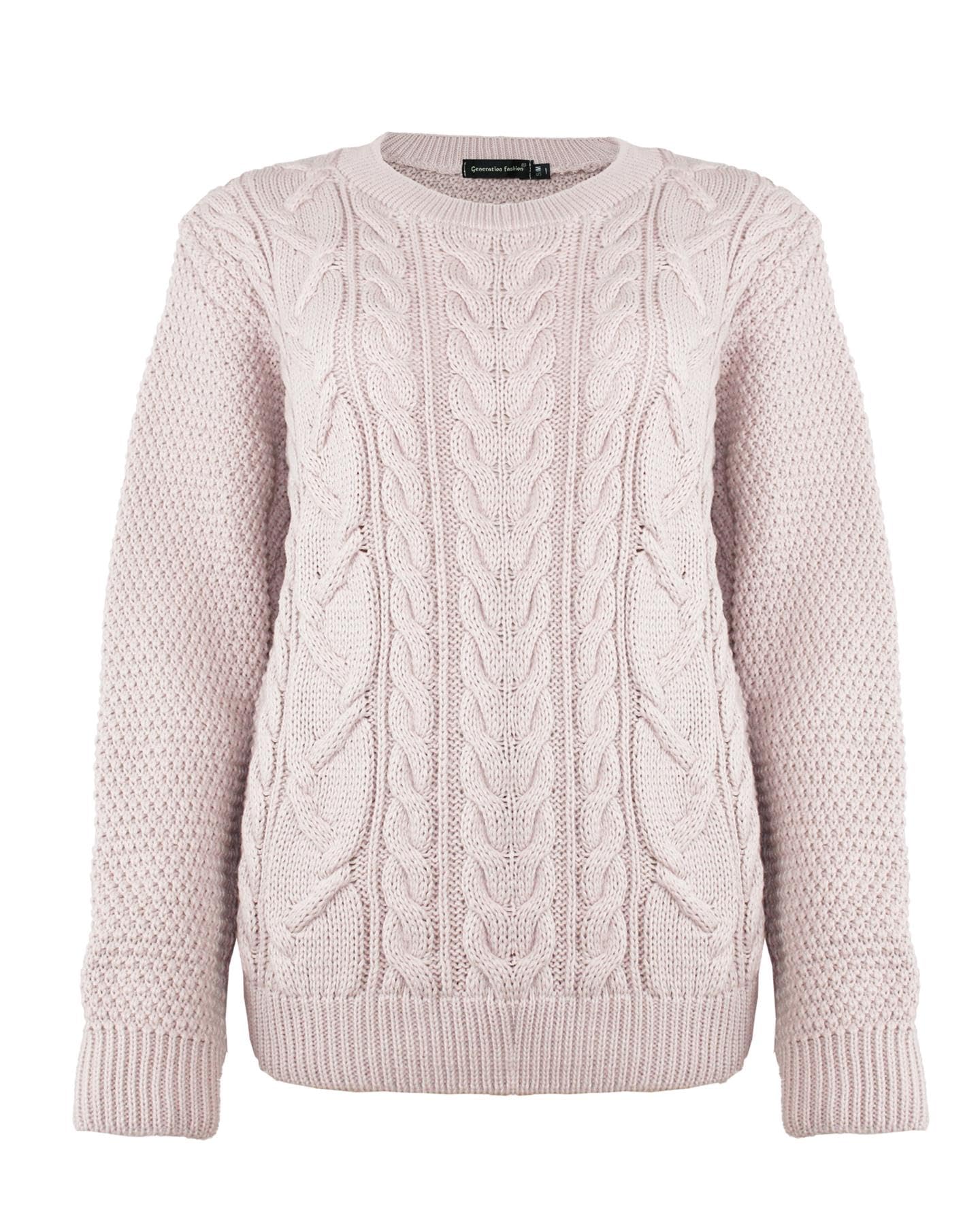 Generation Fashion Women's Salmon Pink New Crew Neck Knitted Cable Long Sleeve Warm Chunky Sweater Formal Everyday Casual Knitwear Jumper Tops Pullover [,Lxl]