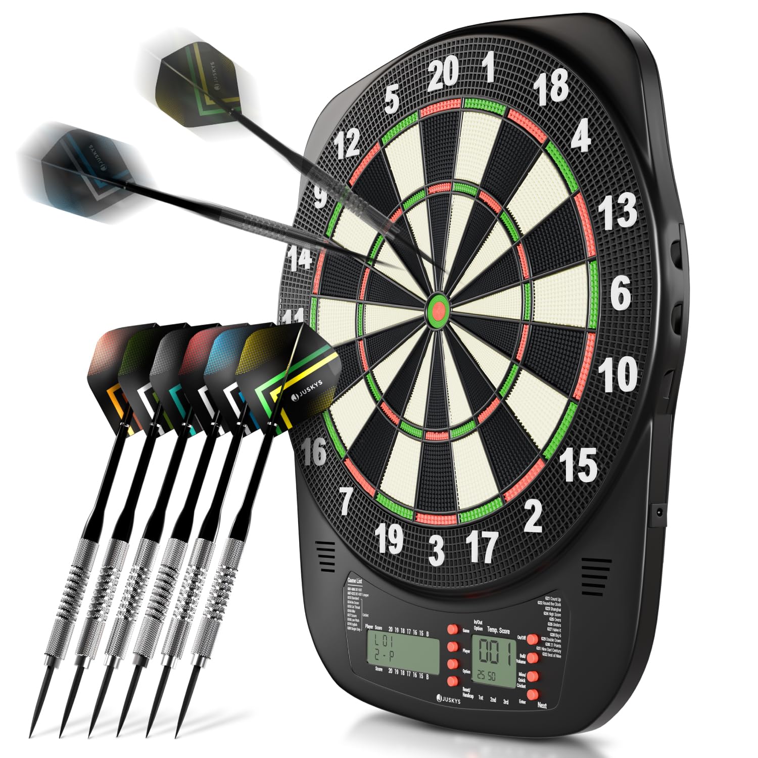 Juskys Cible électronique – Dartboard avec 32 Jeux & 359 Variantes, USB-C, Jusqu’à 8 Joueurs