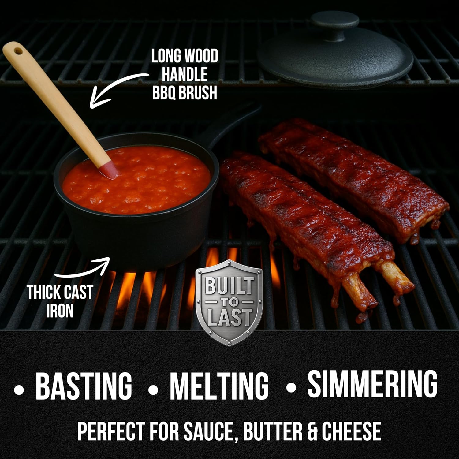 1 QT Cast Iron Sauce Pot with Lid & Wood Brush for Basting, Melting, Simmering Sauce, Butter & Cheese - Built for Cooking, Grilling & Camping - 932°F Max Even Heat Distribution - Professional Grade