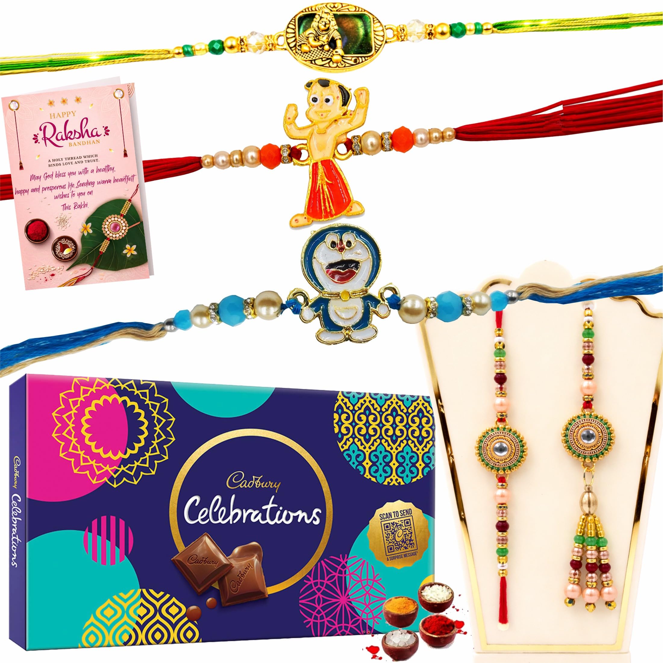 Bhaiya Bhabhi Rakhi Set with Kids Rakhi & Chocolate Gift Hamper | Family Rakhi Combo for Brother, Bhabhi, Bhatija & Bhatiji | Raksha Bandhan Gift Pack with Greeting Card, Roli, Chawal, Chandan & Mishri-image-37