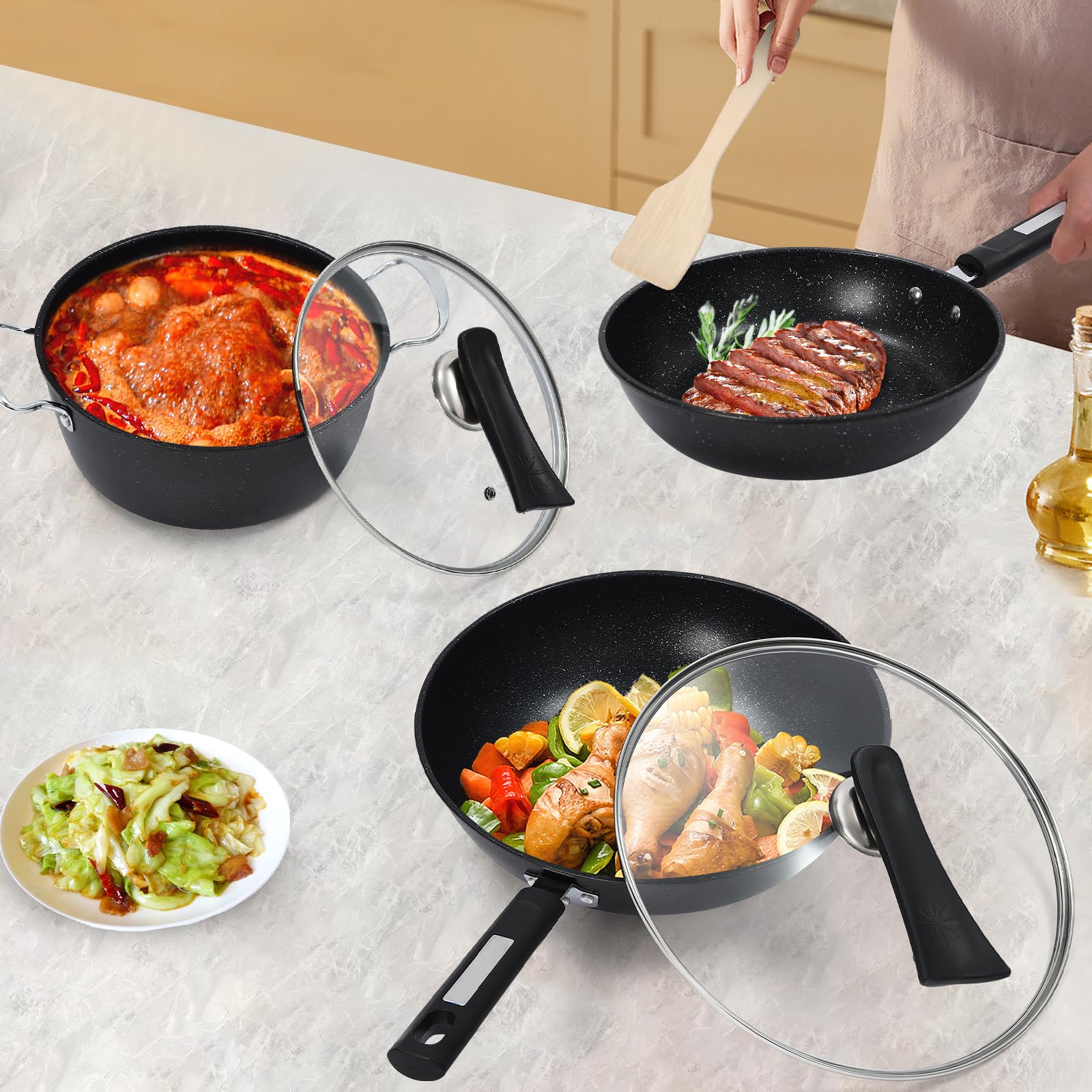 Juego de 3 piezas de sartén Wok con revestimiento antiadherente Woks con espátula de madera, para cocina de gas, cocina de inducción, cocina de cerámica