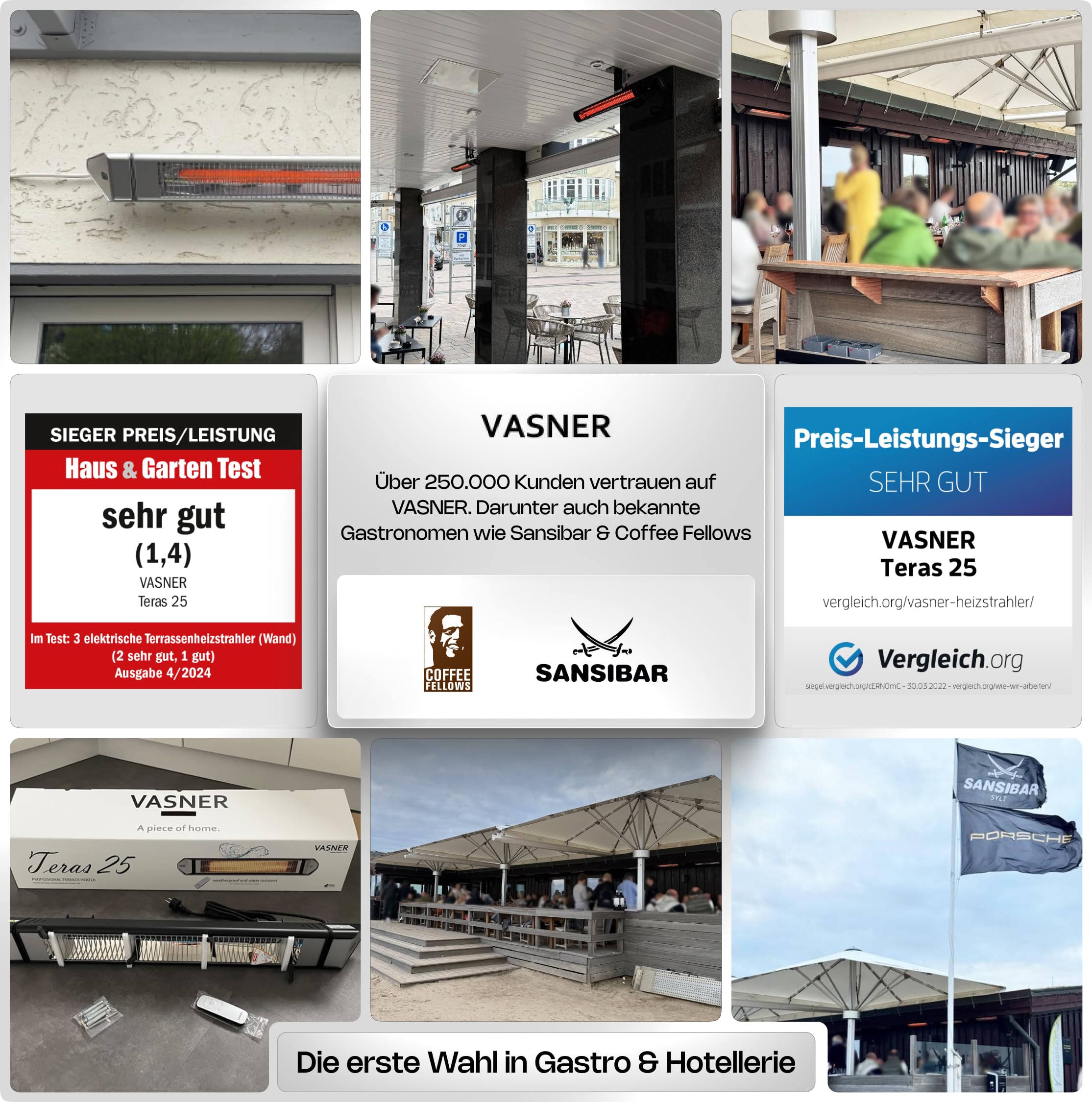 VASNER Teras 25 Infrarot Heizstrahler Terrasse - Terrassenstrahler 2500 W elektrisch - 4 Heizstufen Terassenheizer - Infrarotstrahler Terassenheizstrahler außen outdoor - Mit Fernbedienung (silber)